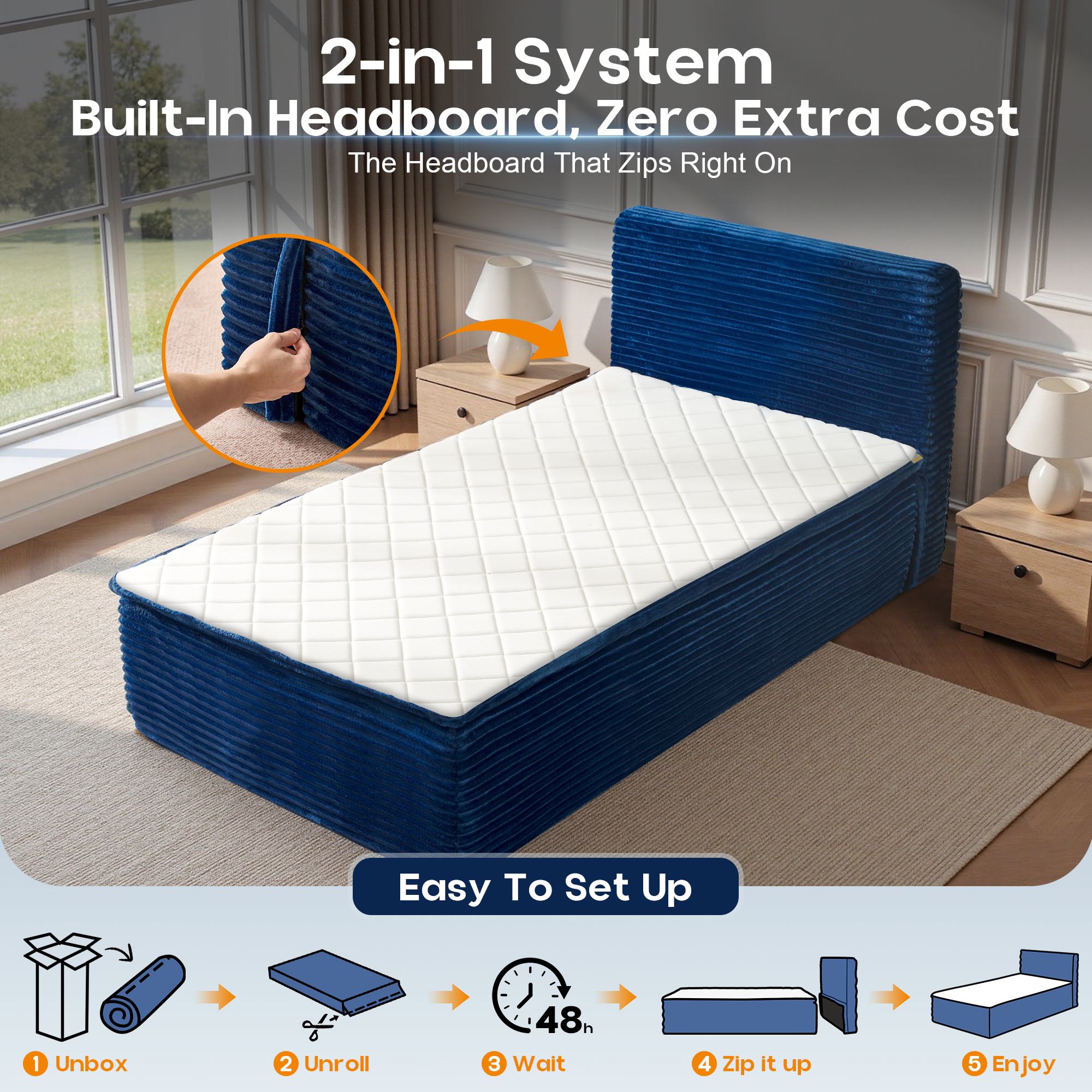 OVIOS Upholstered Bed, No Assembly & Space-Saving for Small Spaces