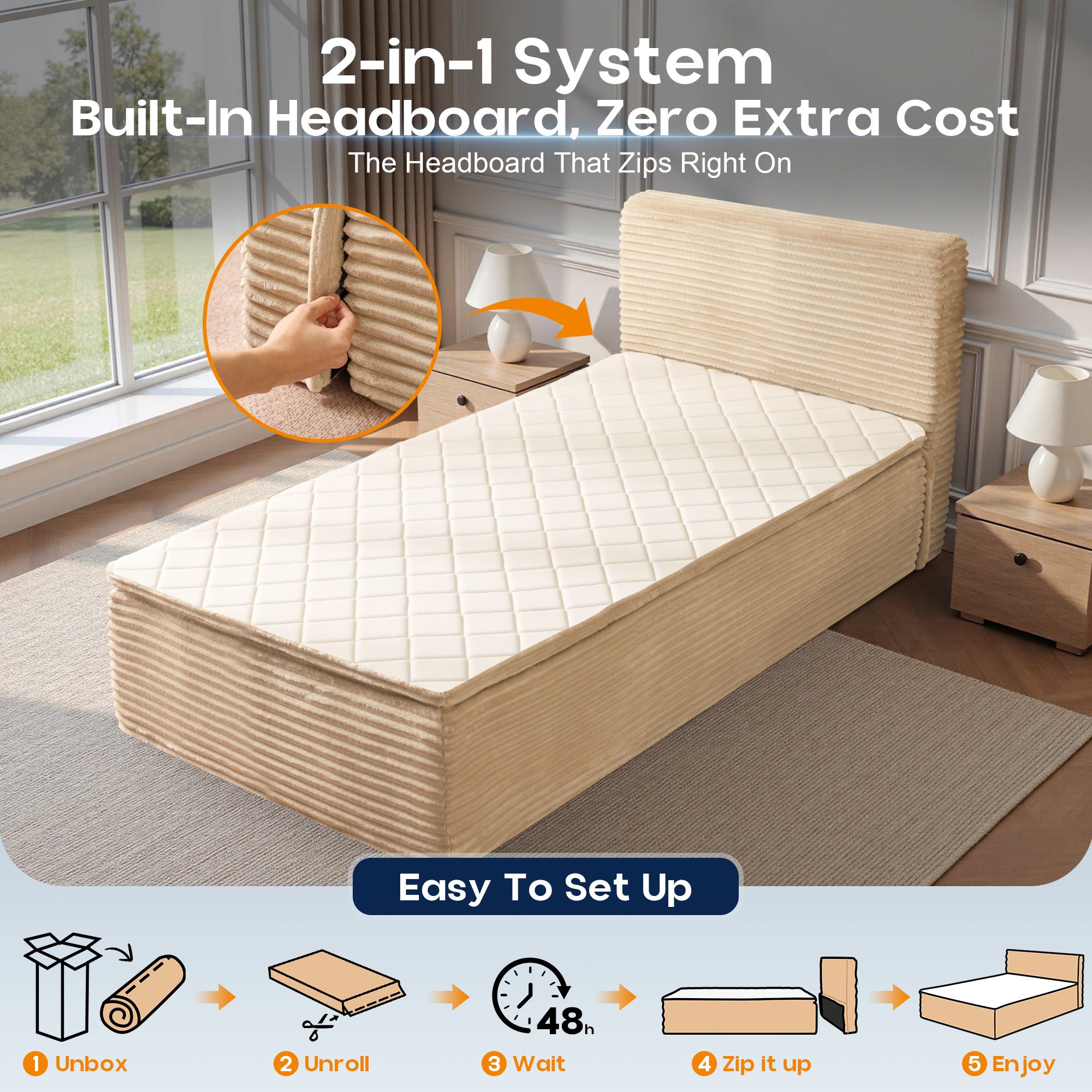 OVIOS Upholstered Bed, No Assembly & Space-Saving for Small Spaces