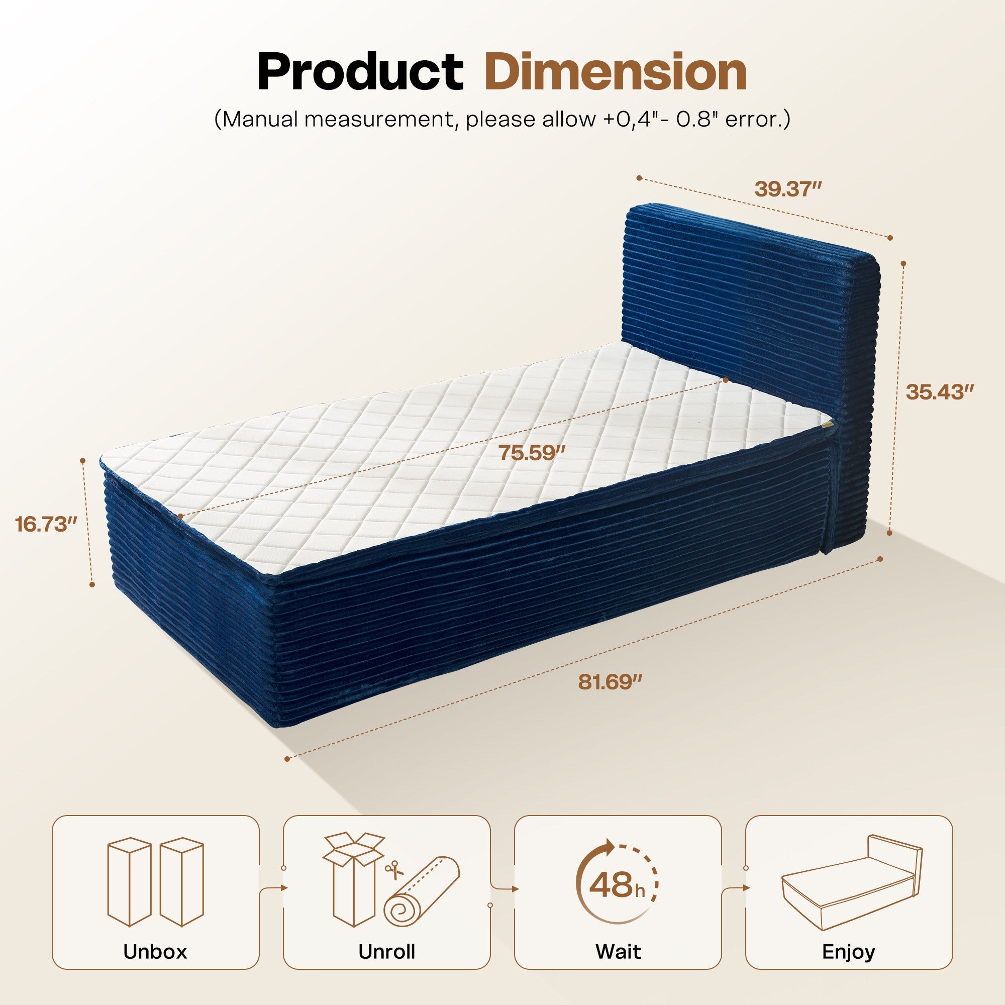 OVIOS space-saving compressed bed dimensions & easy setup. Navy corduroy & white quilted mattress.