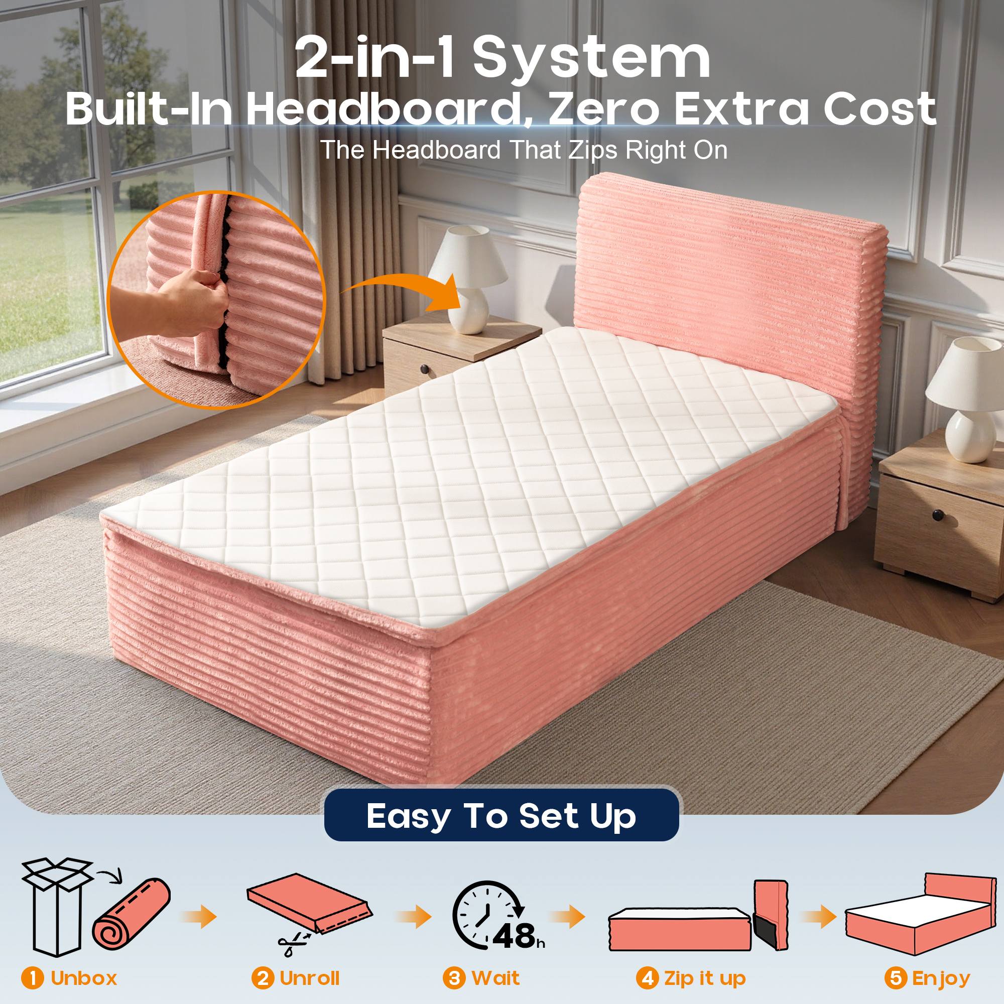 OVIOS Upholstered Bed, No Assembly & Space-Saving for Small Spaces