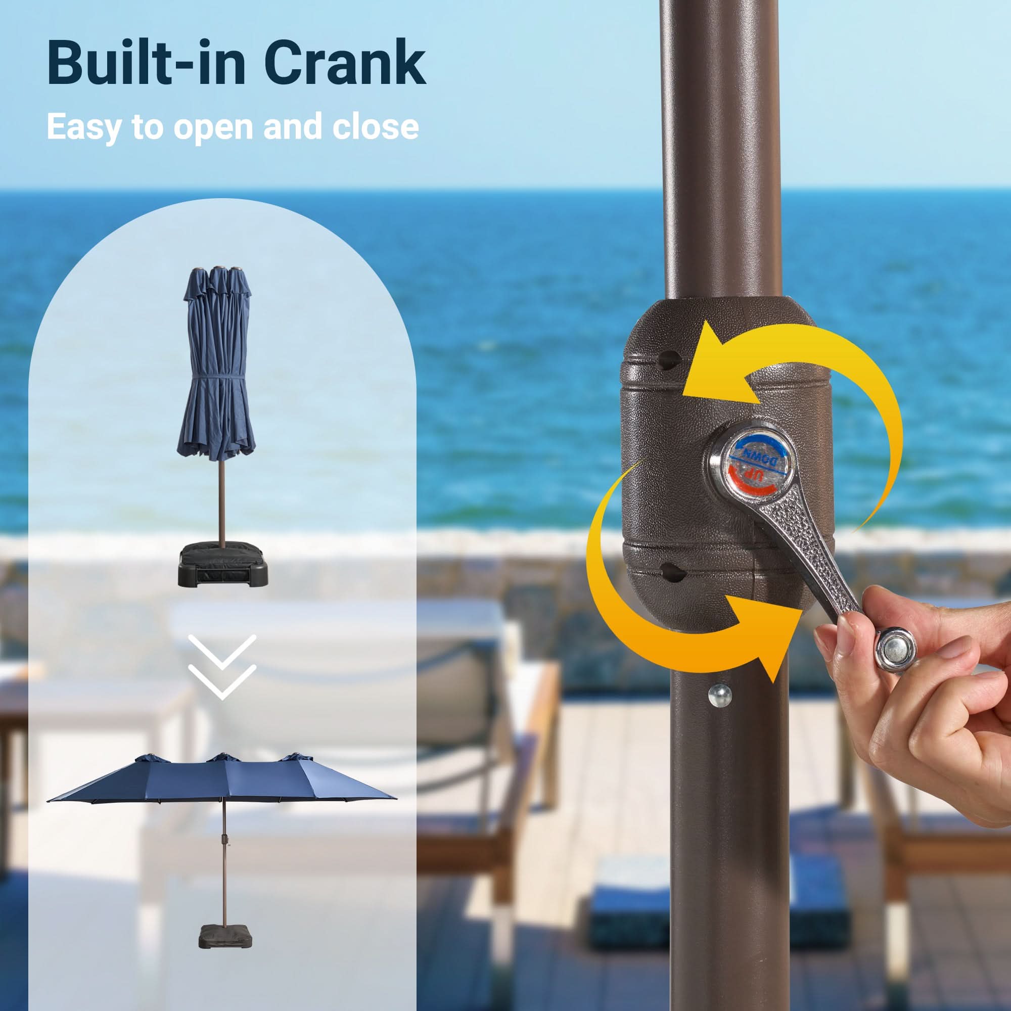 Oviso LED Patio Umbrella - Double-Sided Solar Powered with Base