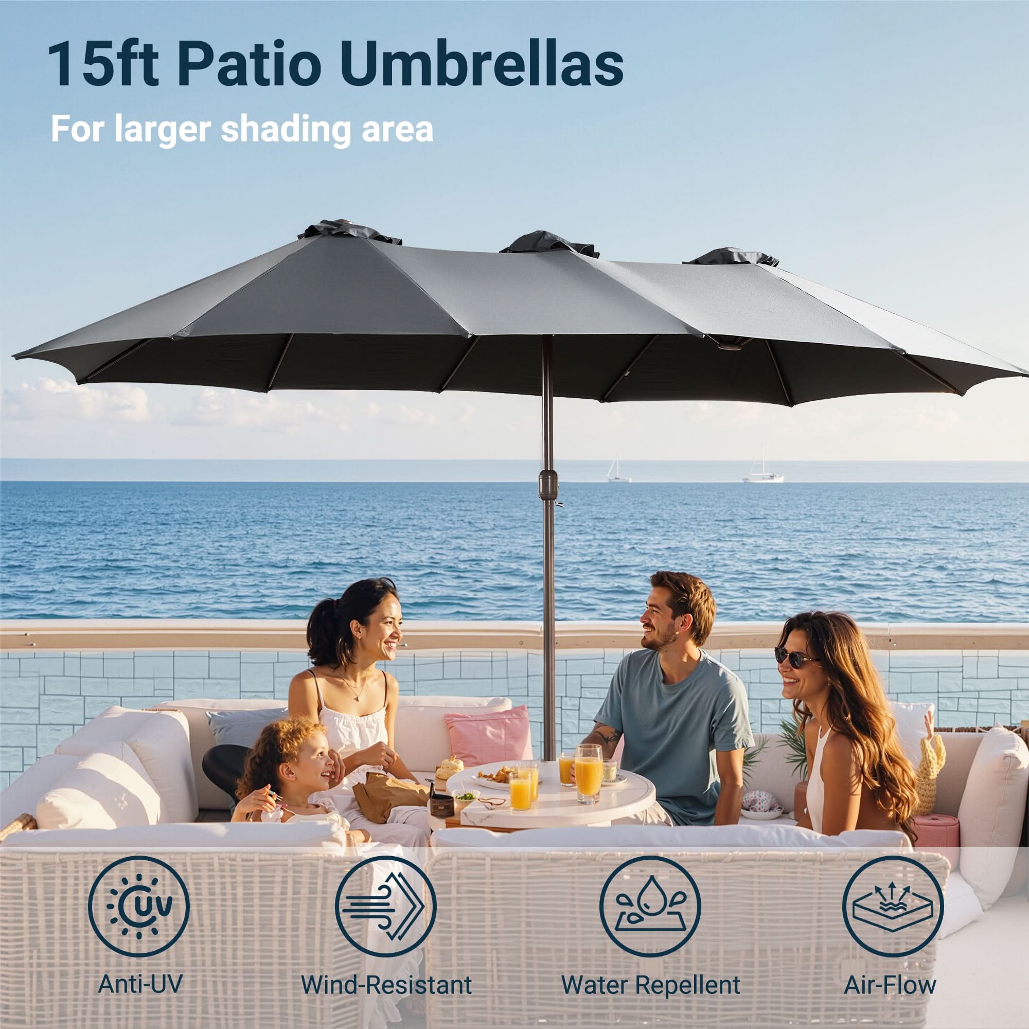 Oviso LED Patio Umbrella - Double-Sided Solar Powered with Base