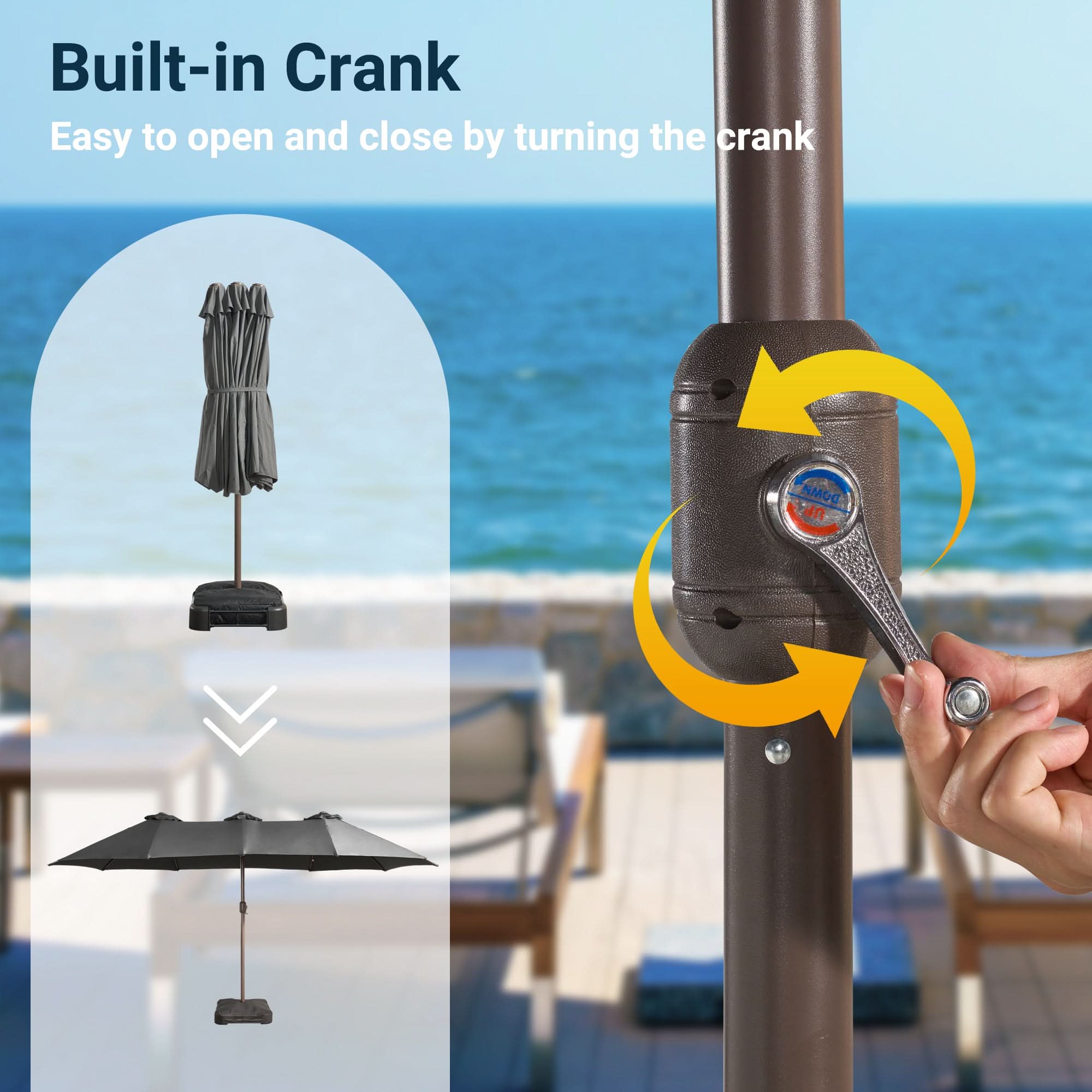 Oviso LED Patio Umbrella - Double-Sided Solar Powered with Base