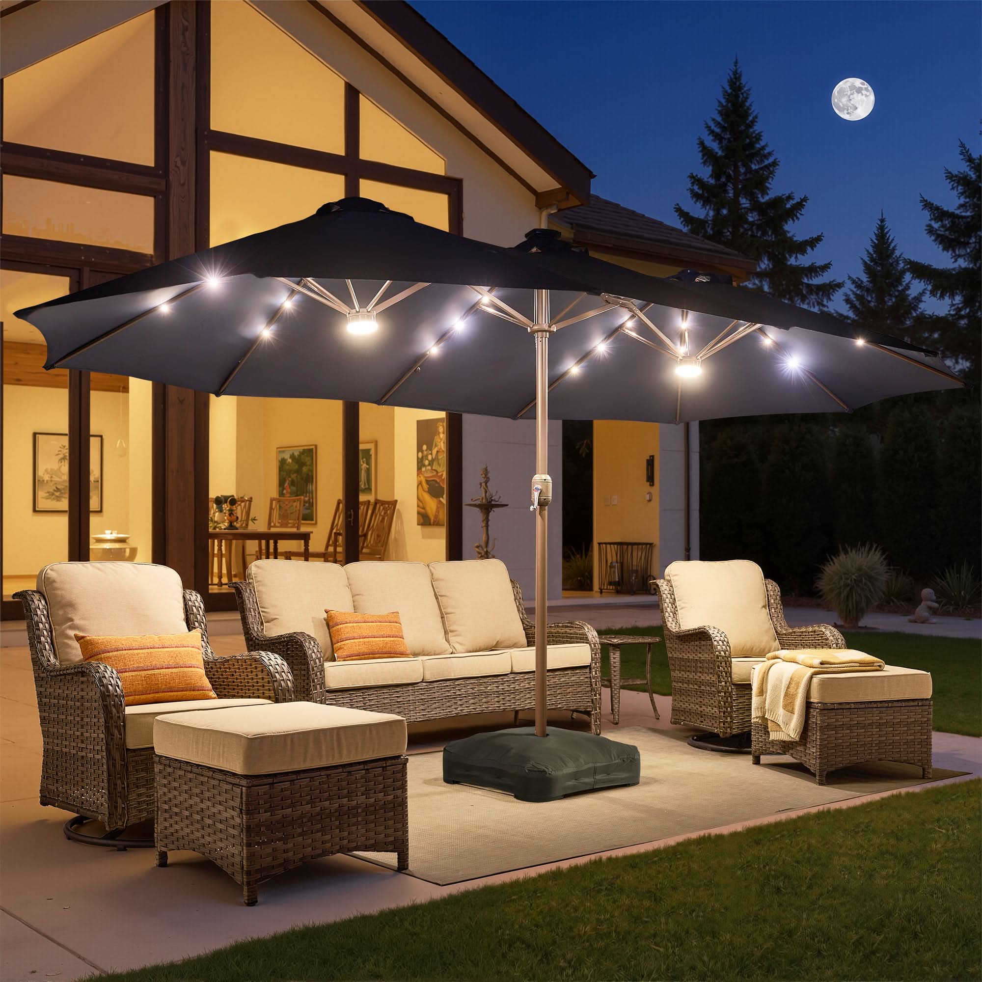 Oviso LED Patio Umbrella - Double-Sided Solar Powered with Base