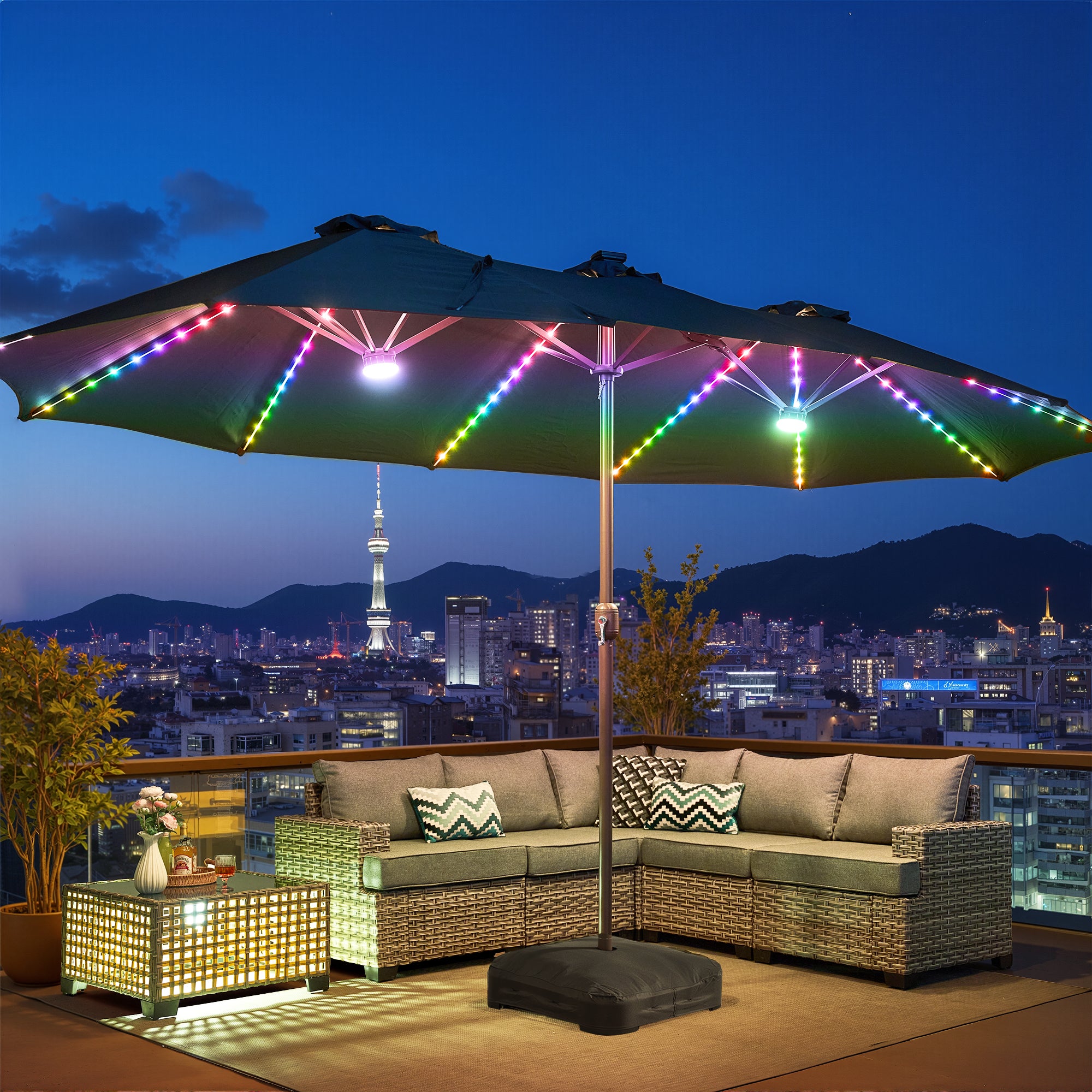 Oviso LED Patio Umbrella - Double-Sided Solar Powered with Base