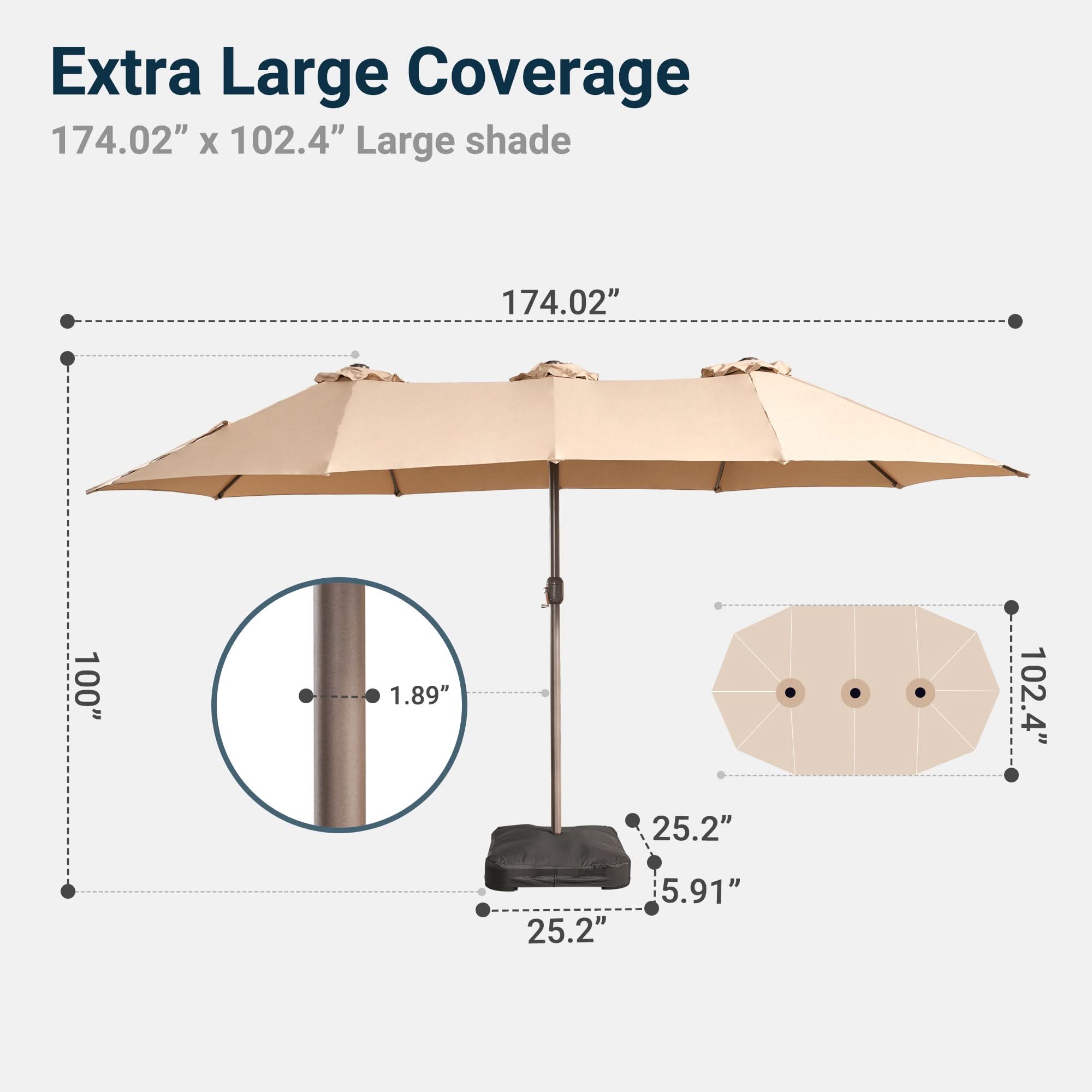 Oviso LED Patio Umbrella - Double-Sided Solar Powered with Base