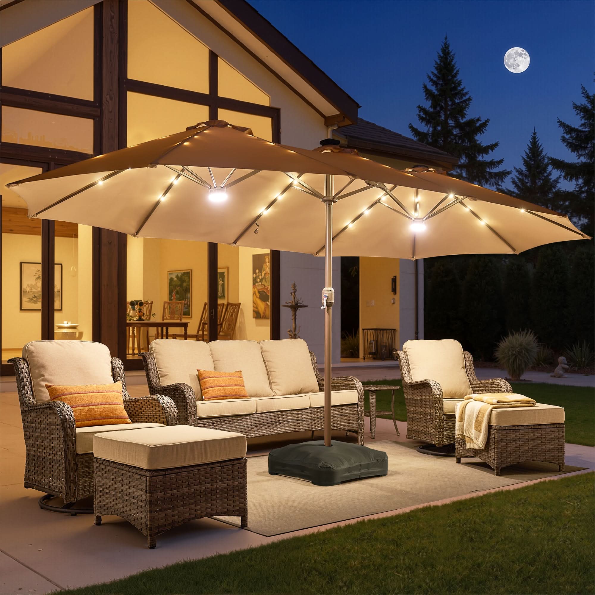 OVIOS double-sided solar patio umbrella with LED lights, illuminating outdoor wicker furniture.Beige