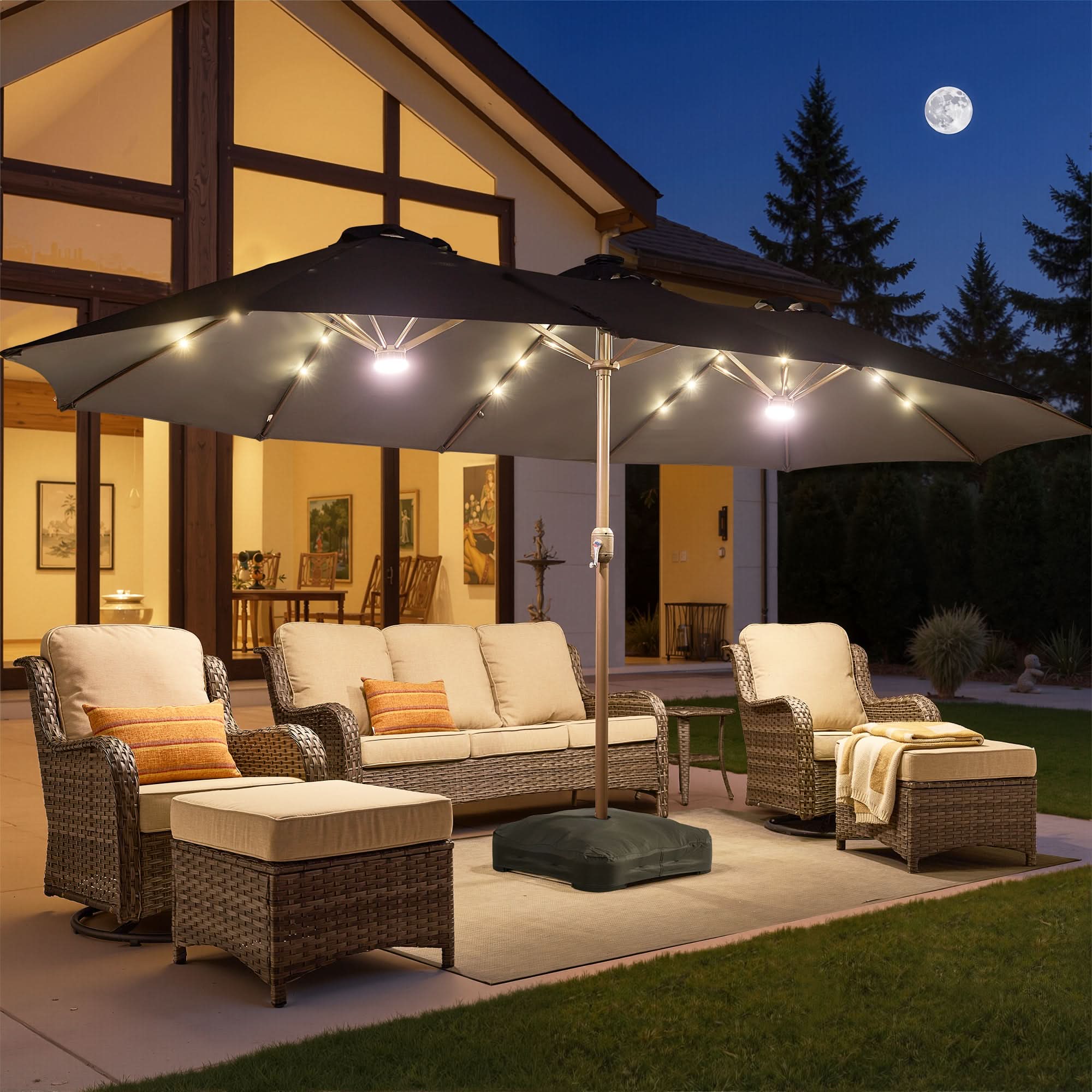 OVIOS double-sided solar powered LED patio umbrella with base.Dark Grey