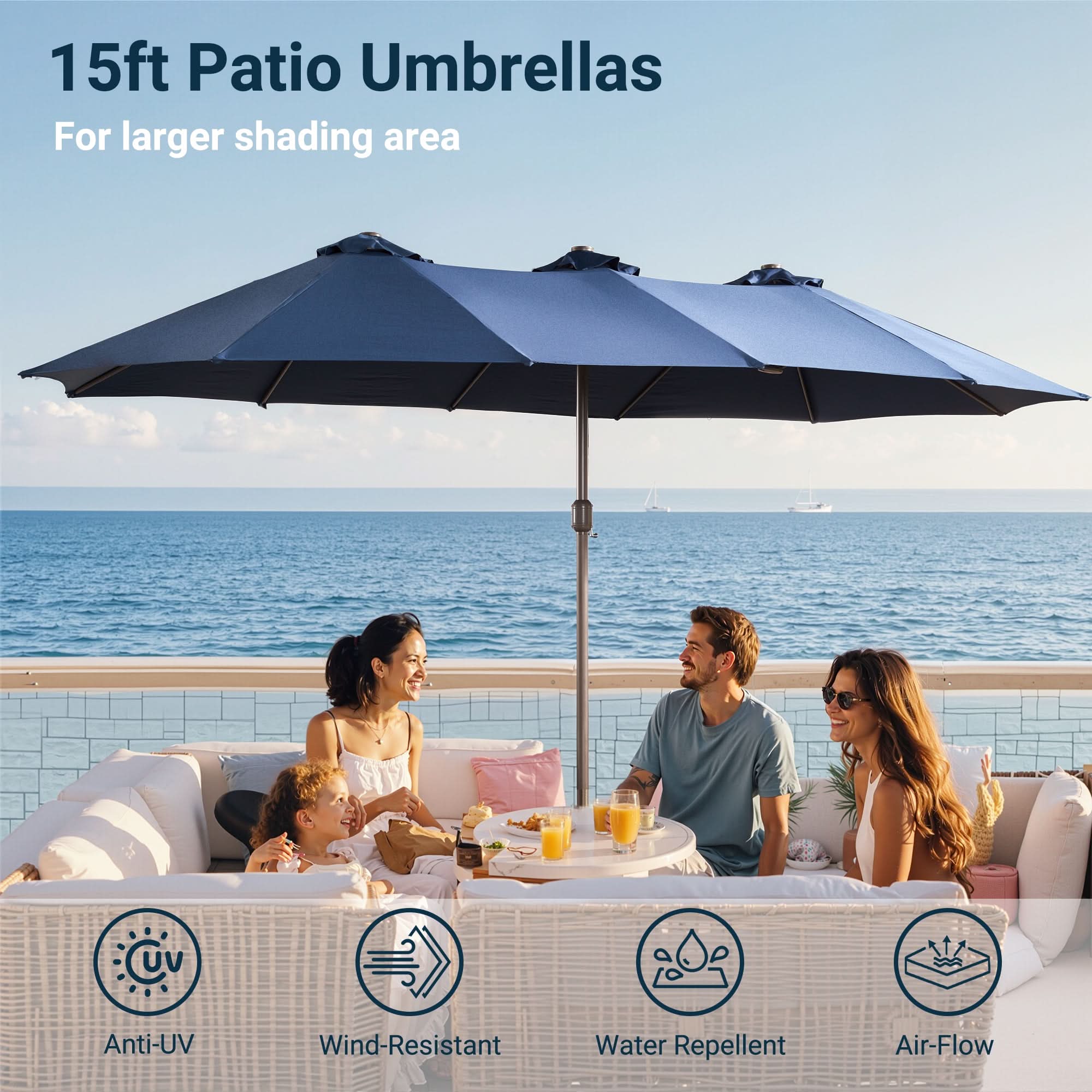 OVIOS 15 ft double-sided navy patio market umbrella providing expansive shade. Navy Blue