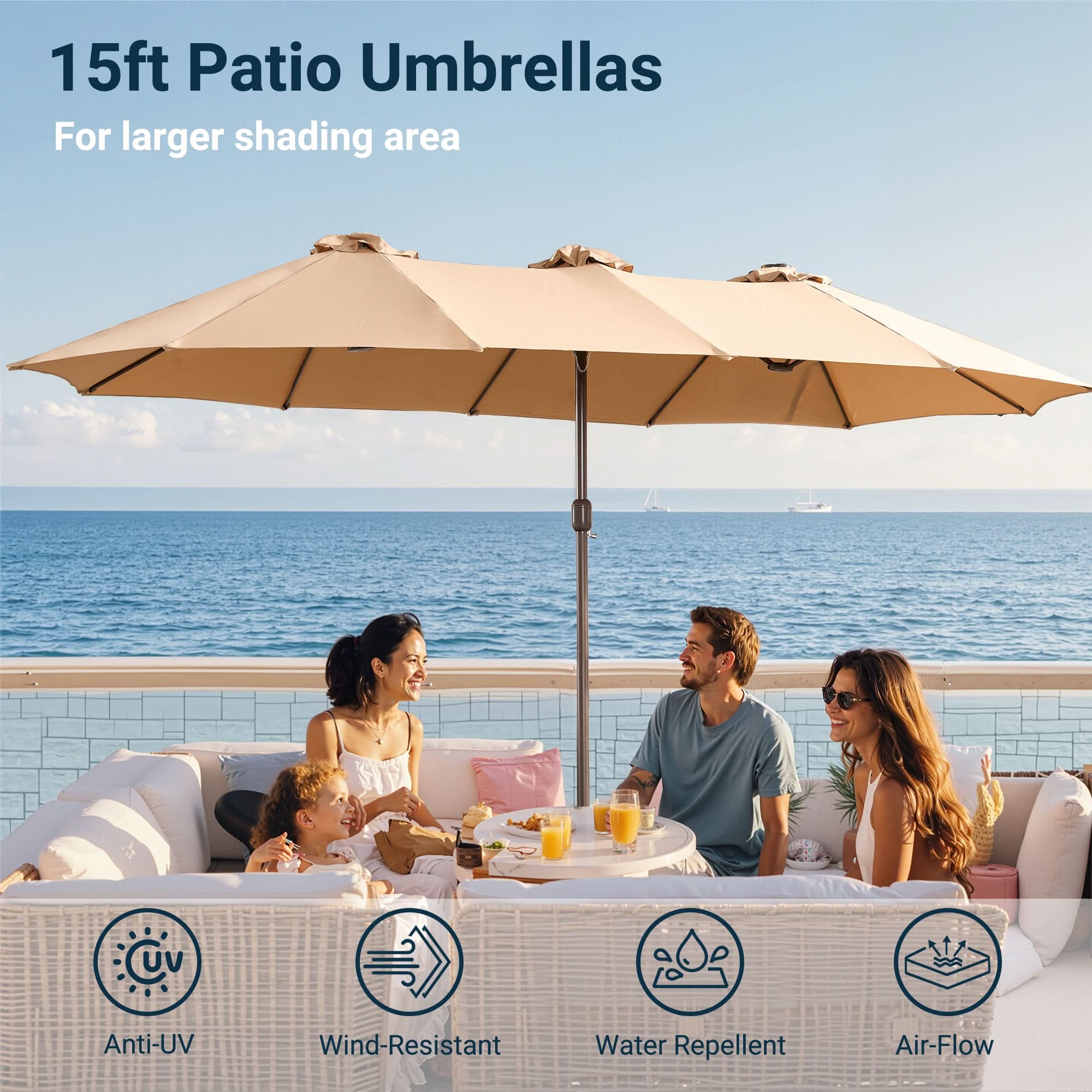 Oviso LED Patio Umbrella - Double-Sided Solar Powered with Base