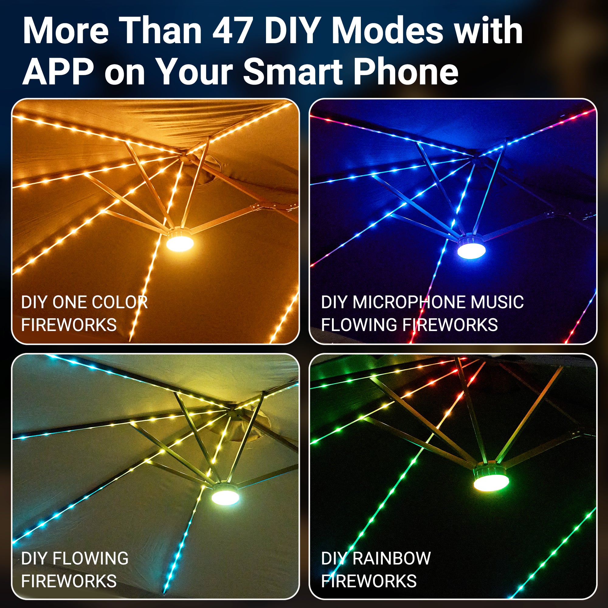 uni | OVIOS 15ft patio umbrella RGB LED lights showing DIY fireworks and flowing modes via app control.
