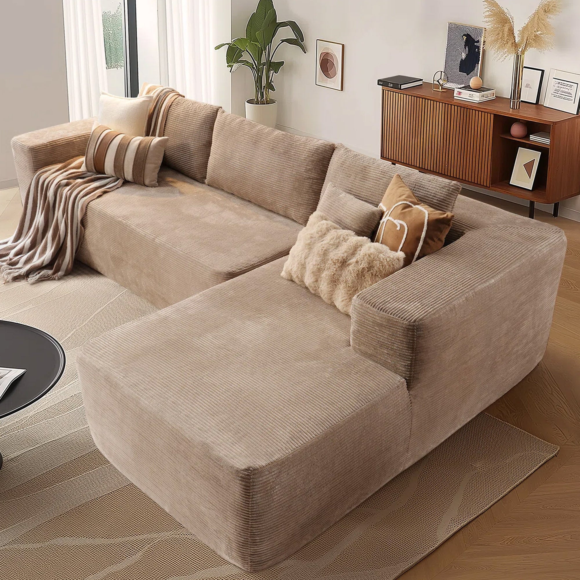 OVIOS 104" L-Shape Modular Couch with Chaise,Corduroy Fabric,No Assembly Required