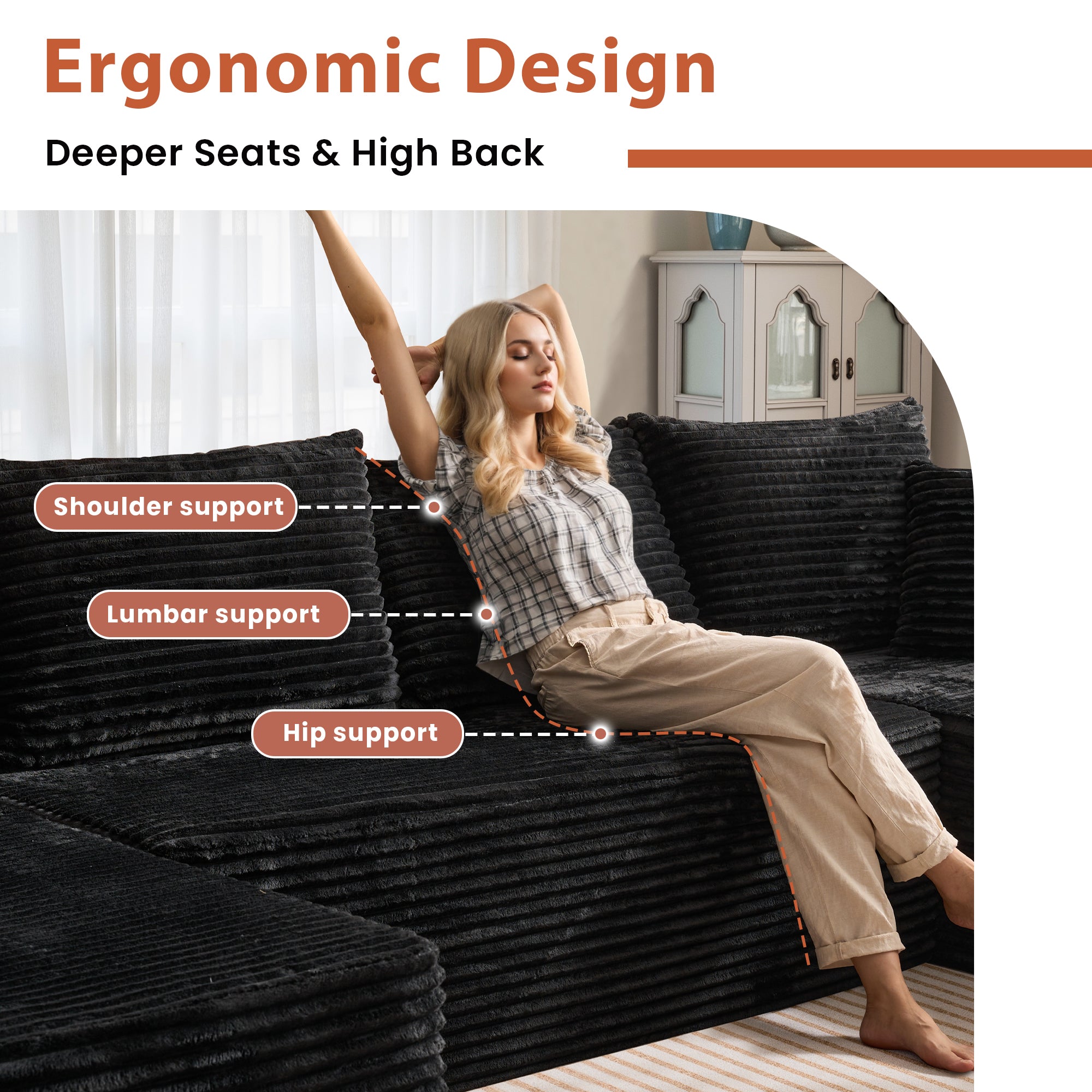 OVIOS 134" U-Shape Modular Couch , Plush Corduroy Fabric, No Assembly Required