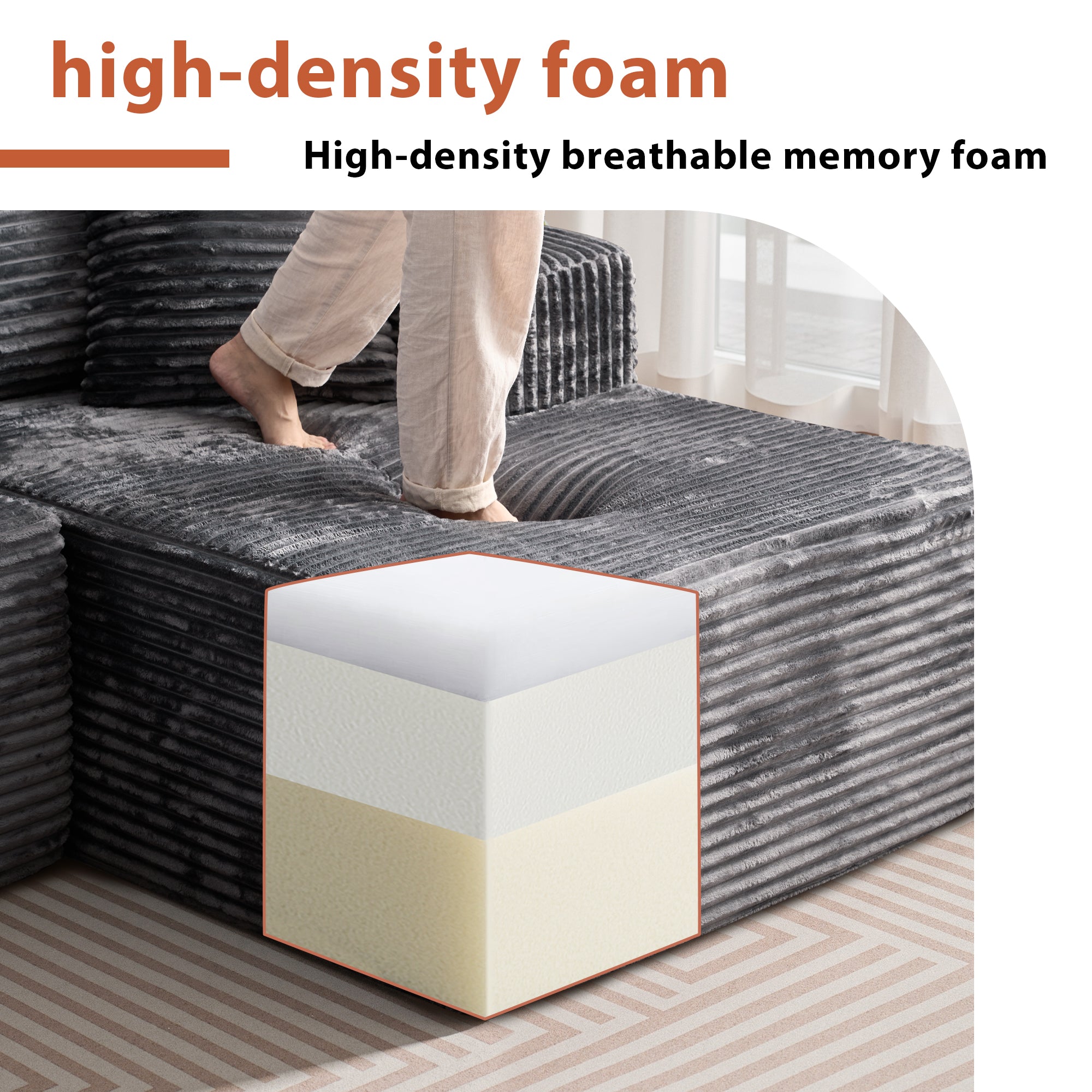 OVIOS 134" U-Shape Modular Couch , Plush Corduroy Fabric, No Assembly Required