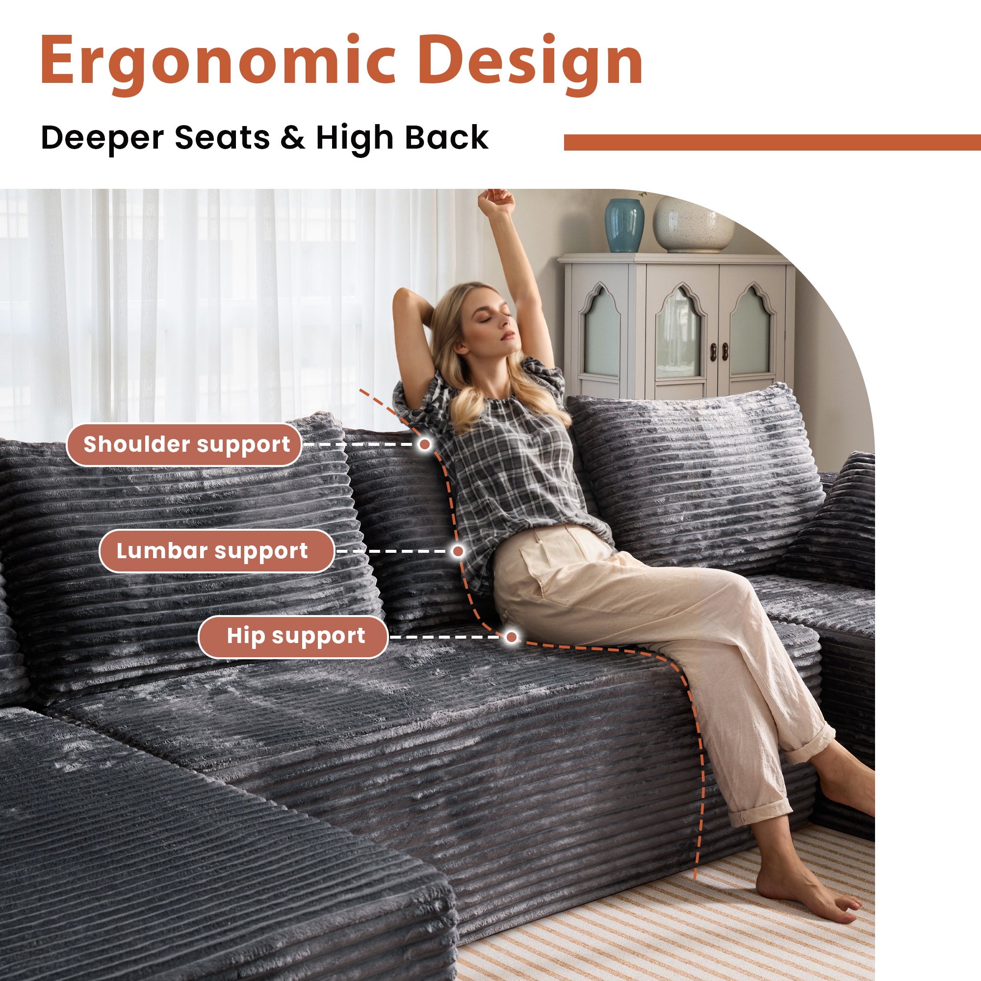 OVIOS 134" U-Shape Modular Couch , Plush Corduroy Fabric, No Assembly Required