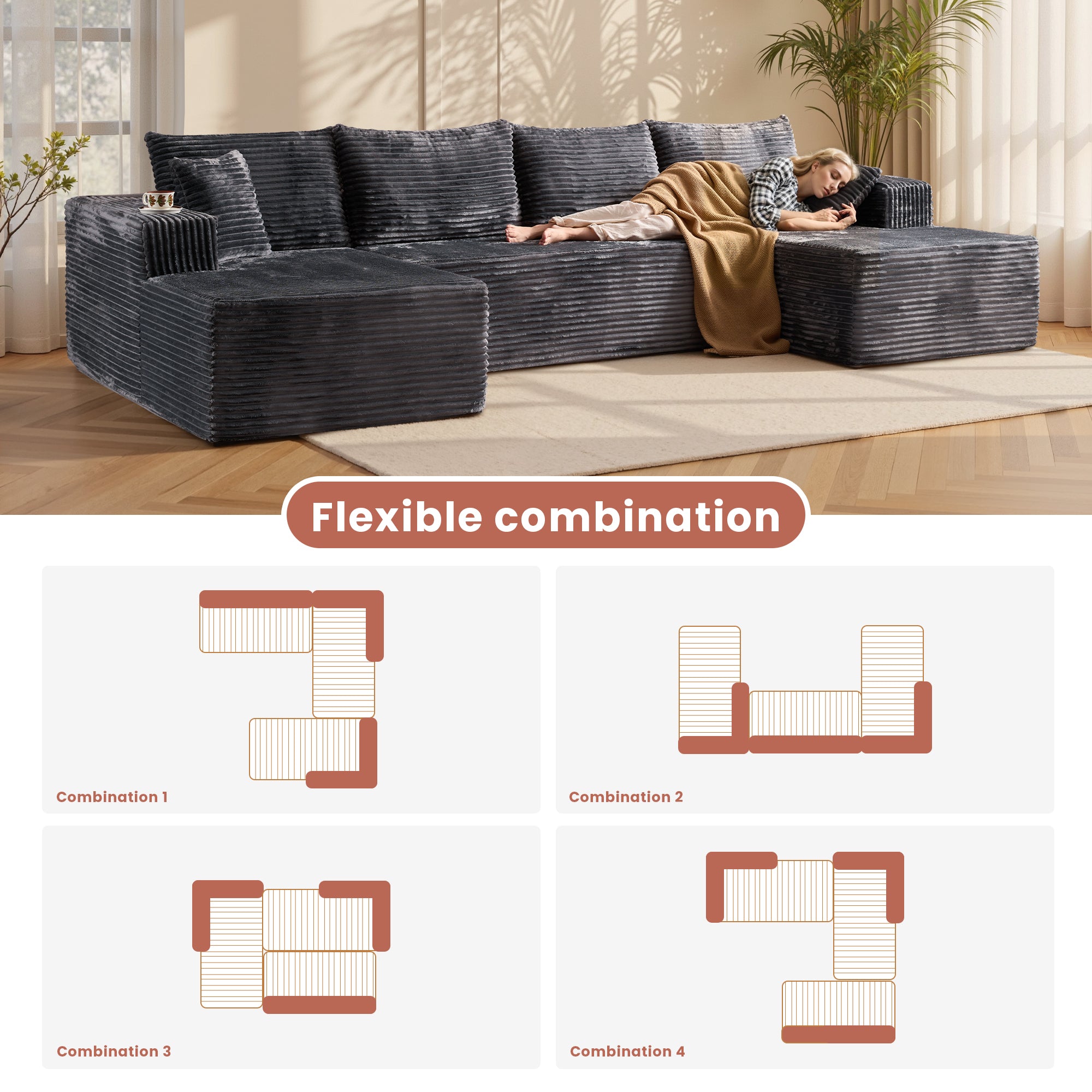 OVIOS 134" U-Shape Modular Couch , Plush Corduroy Fabric, No Assembly Required