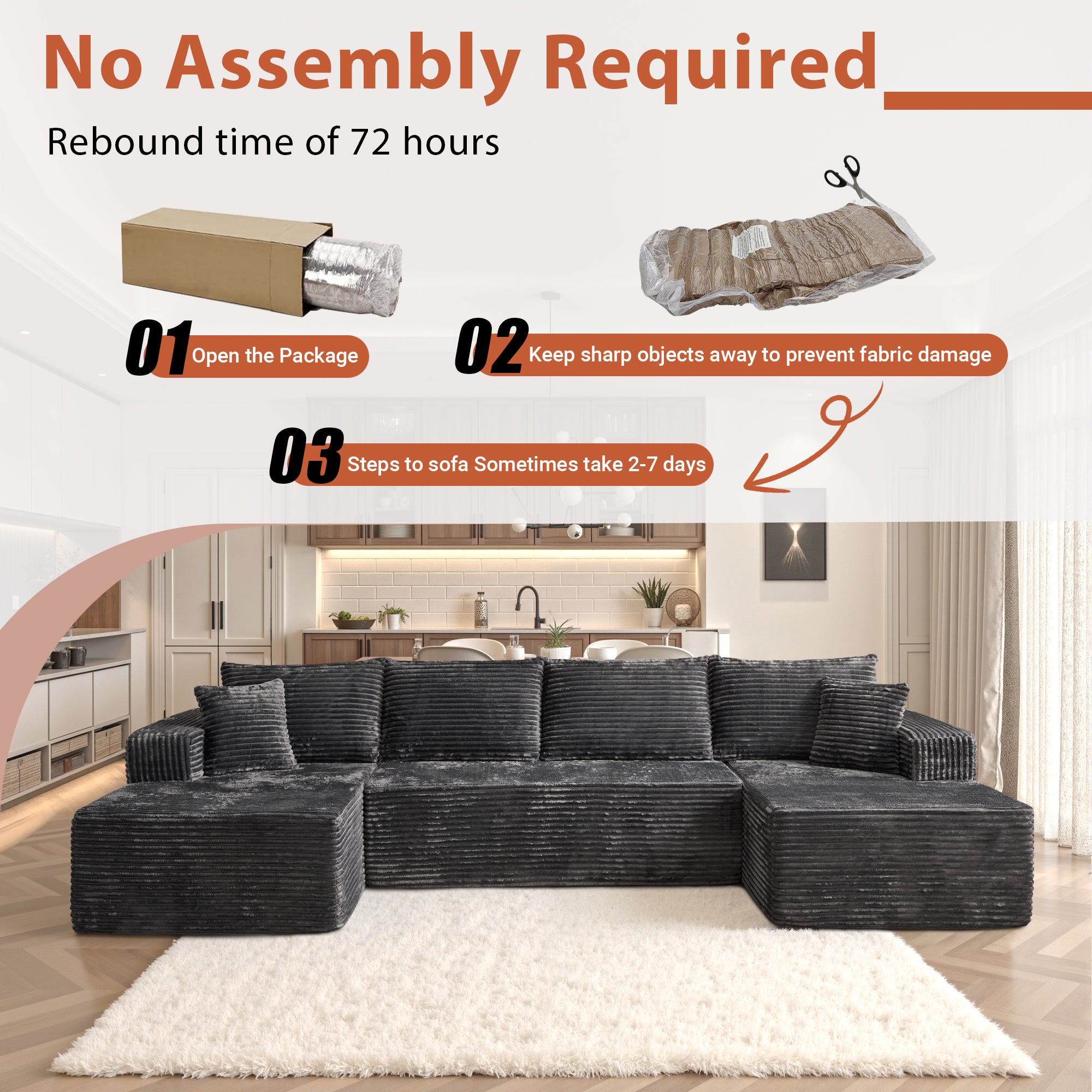 OVIOS 134" U-Shape Modular Couch , Plush Corduroy Fabric, No Assembly Required