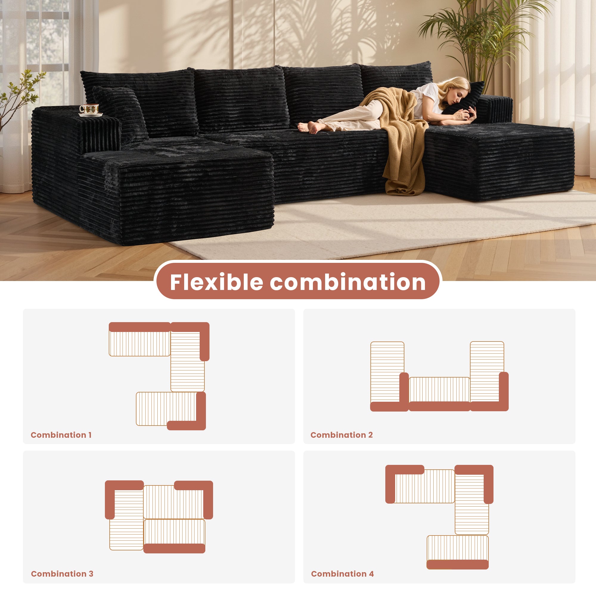 OVIOS 134" U-Shape Modular Couch , Plush Corduroy Fabric, No Assembly Required