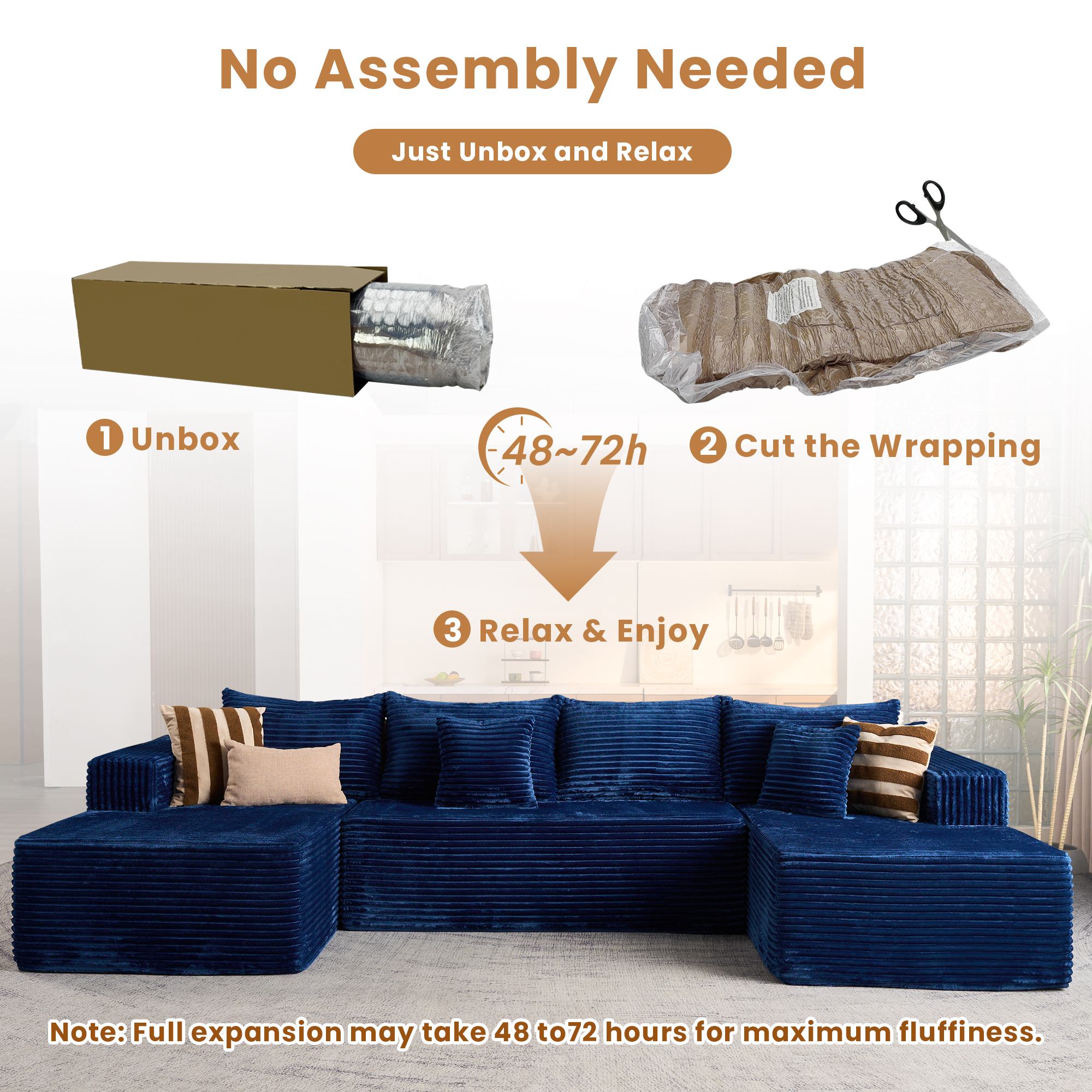 OVIOS 134" U-Shape Modular Couch , Plush Corduroy Fabric, No Assembly Required