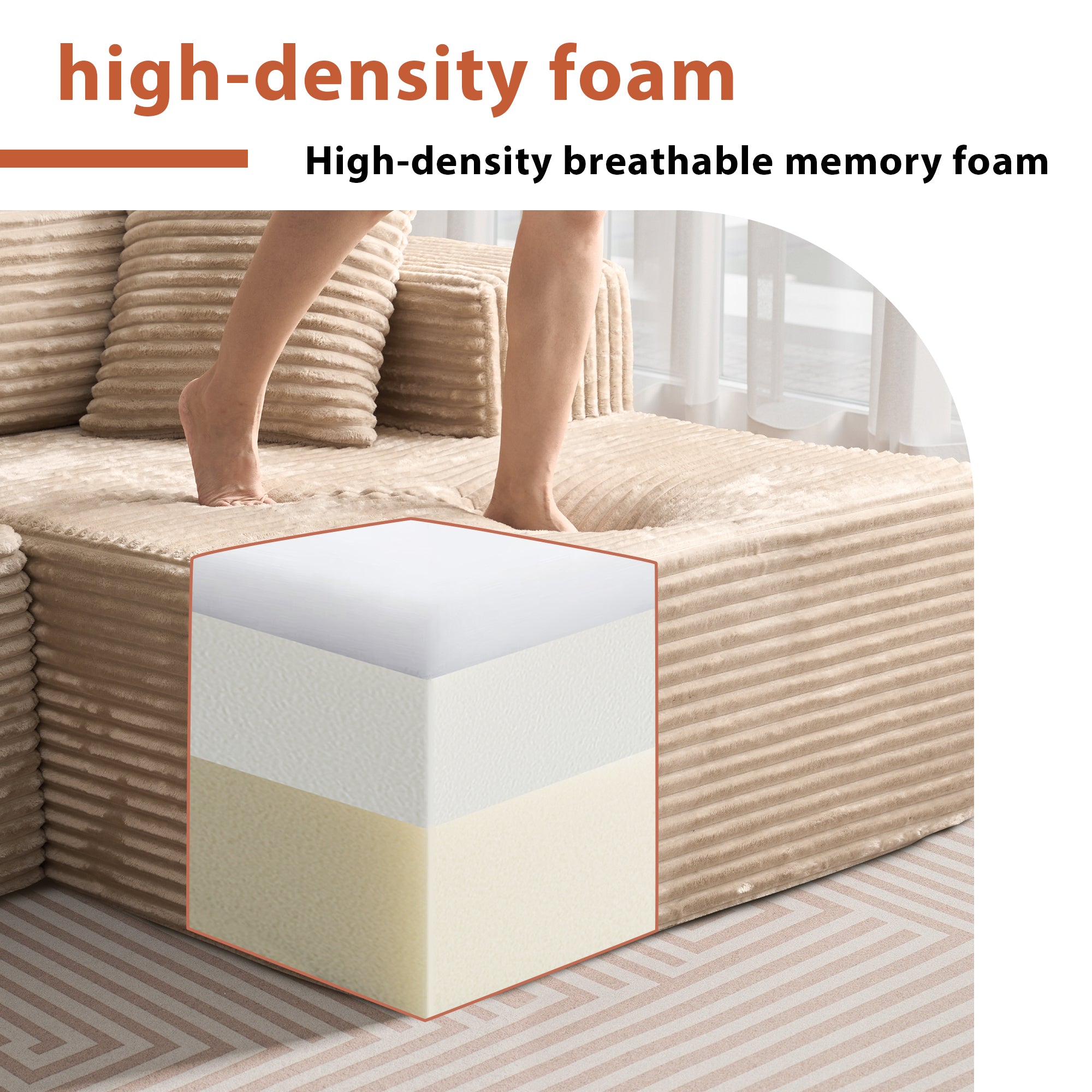 OVIOS modular couch cross-section showing high-density breathable memory foam. Plush corduroy fabric in beige.Beige Corduroy C