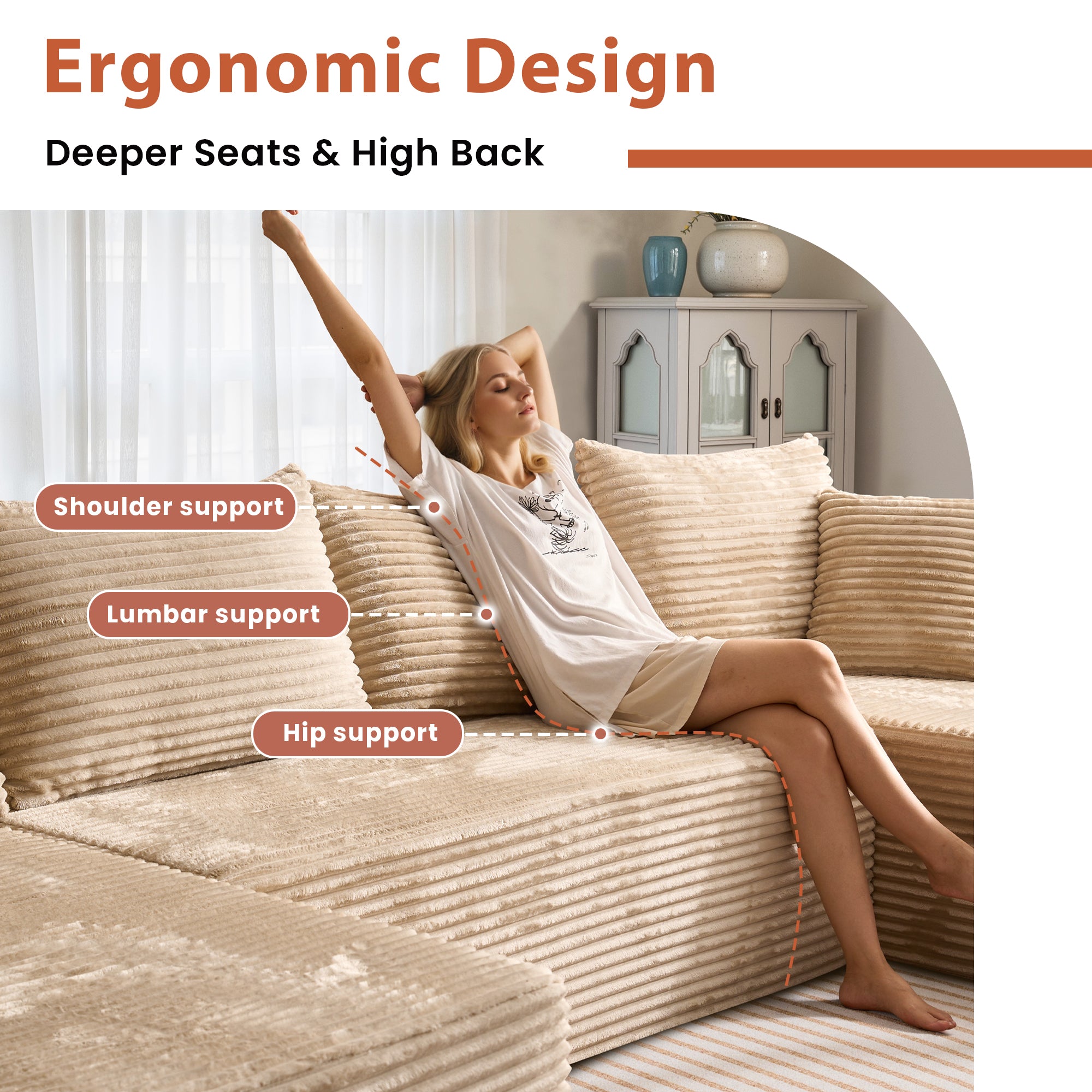 Beige corduroy U-shape modular couch with ergonomic design, offering shoulder, lumbar, and hip support. Woman relaxing.Beige Corduroy C