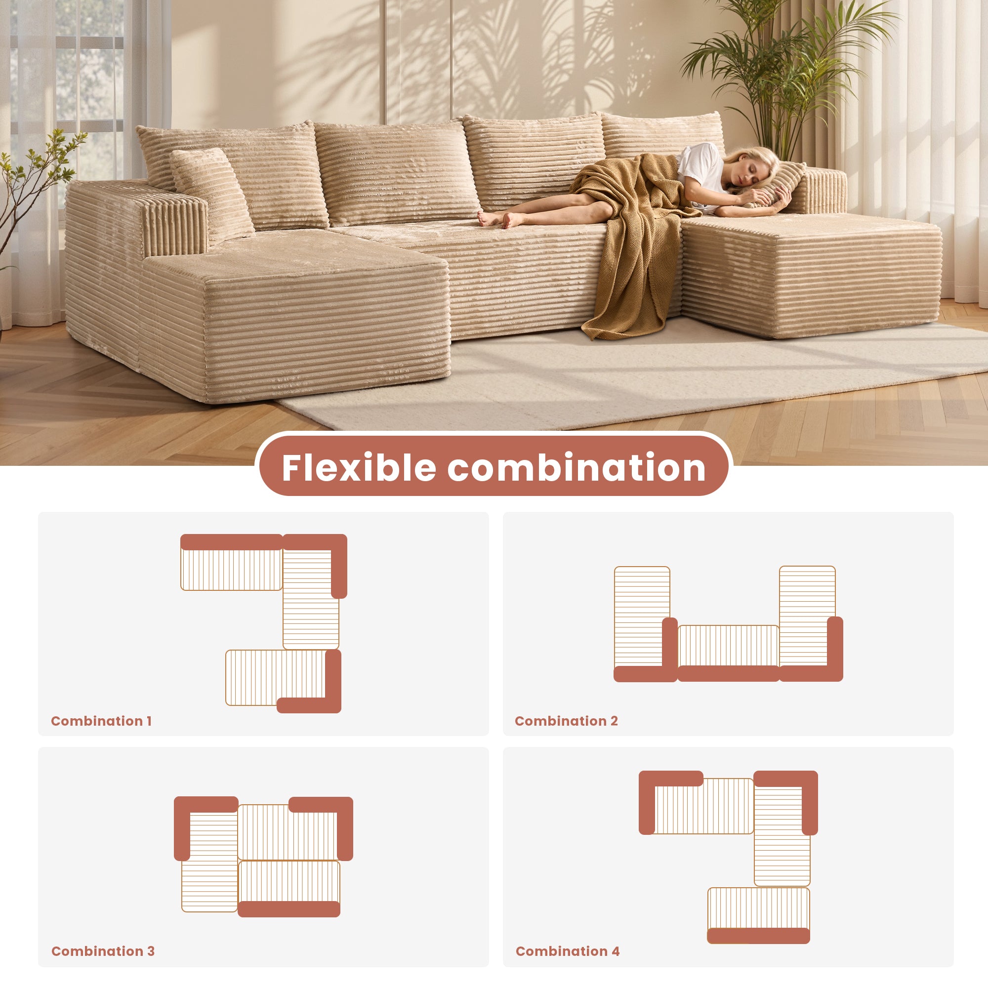 OVIOS 134" U-Shape modular couch in beige corduroy fabric, featuring flexible combination options and a person relaxing.Beige Corduroy C