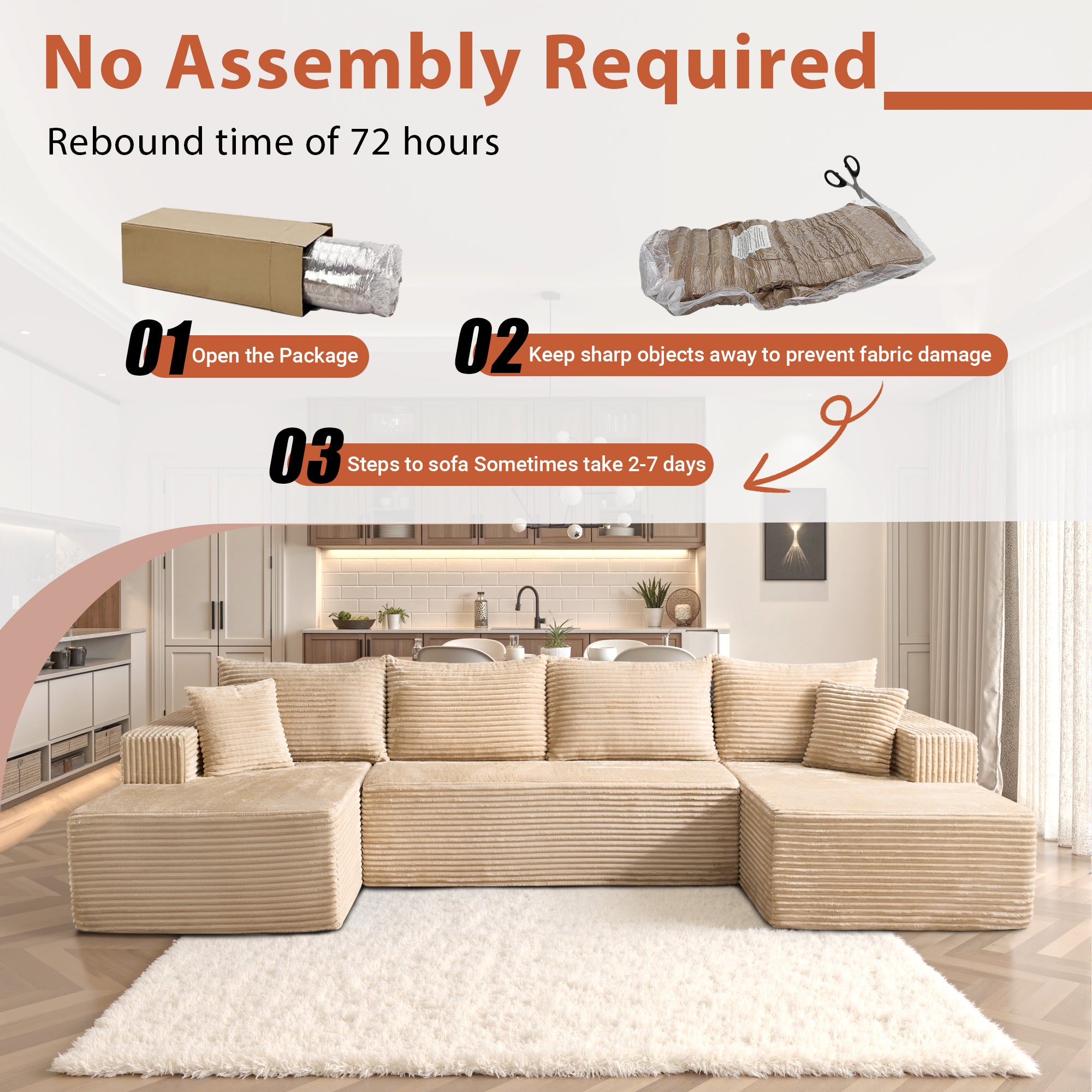 OVIOS 134" U-Shape couch: no assembly, corduroy, packaging to sofa.Beige Corduroy C