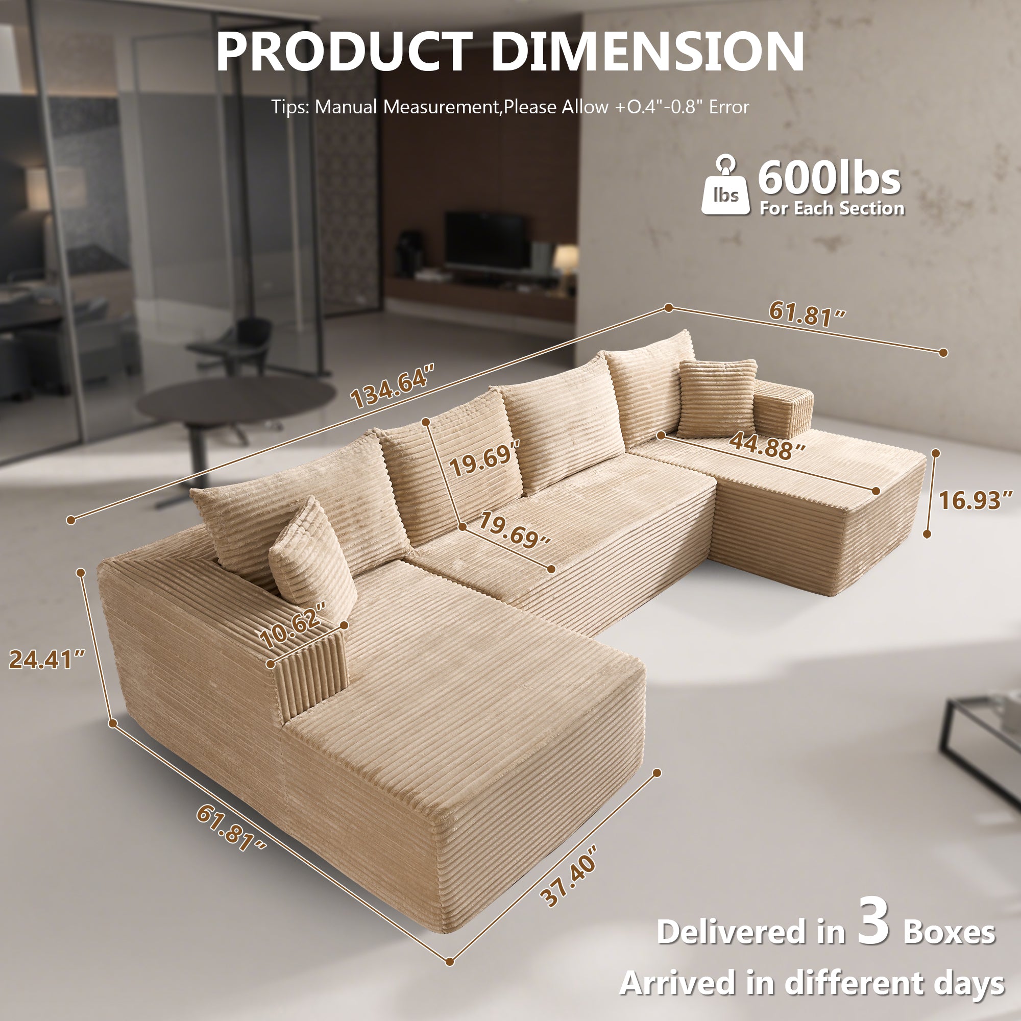 OVIOS 134" U-Shape modular couch in beige corduroy, showing dimensions and 600lbs capacity per section.Beige Corduroy C