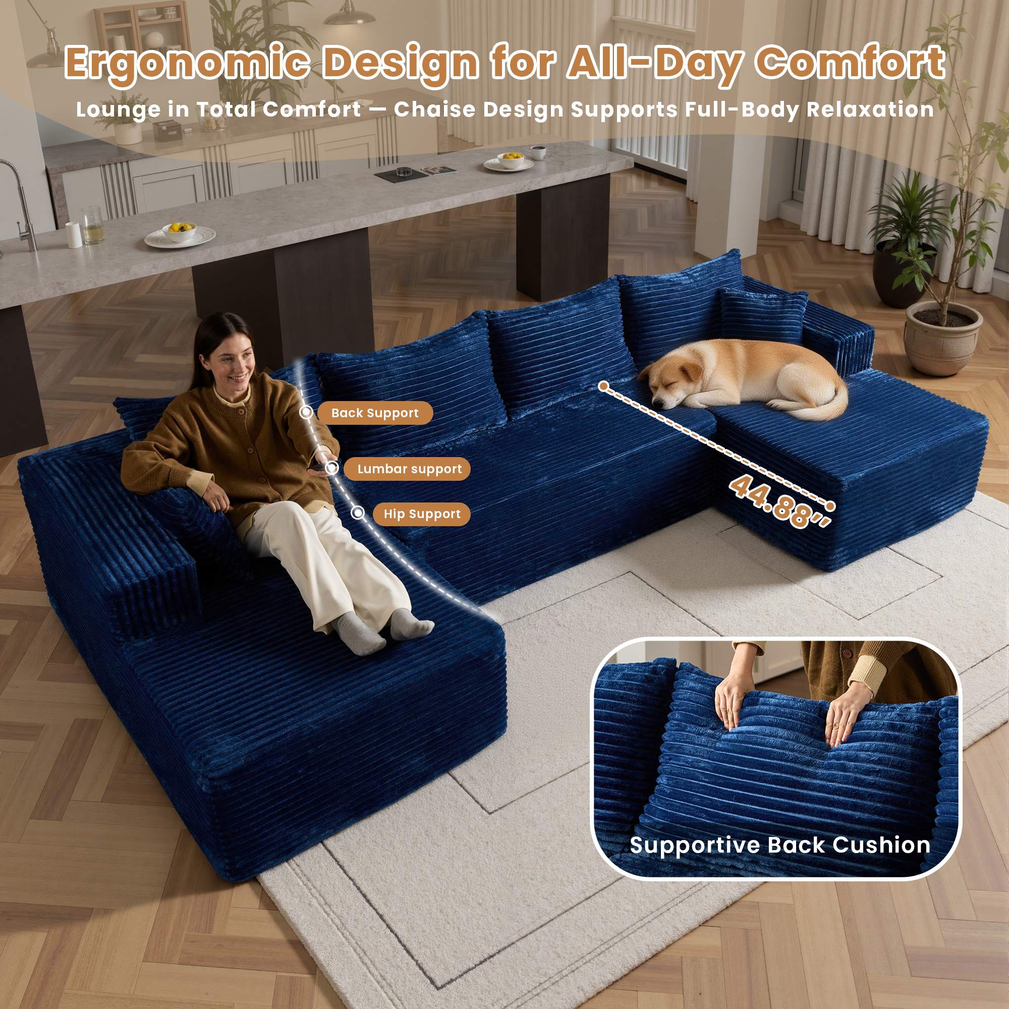 OVIOS blue U-shape modular couch in plush corduroy with ergonomic support.Blue Corduroy C
