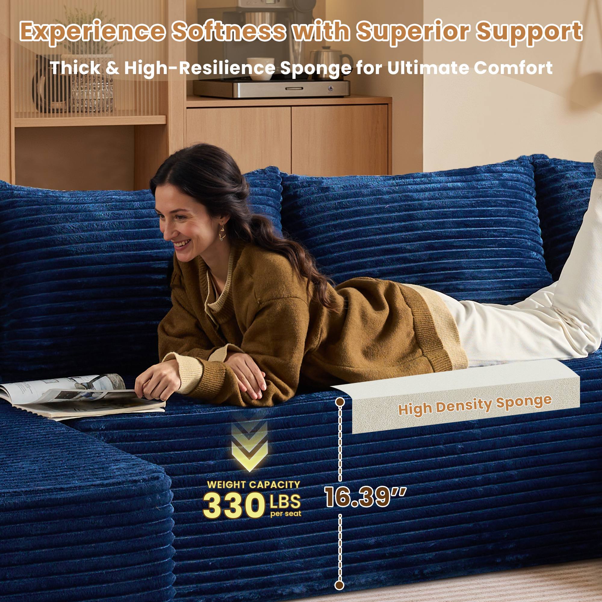 OVIOS U-shape modular couch in plush corduroy fabric. Features high-density sponge and 330 lbs capacity.Blue Corduroy C