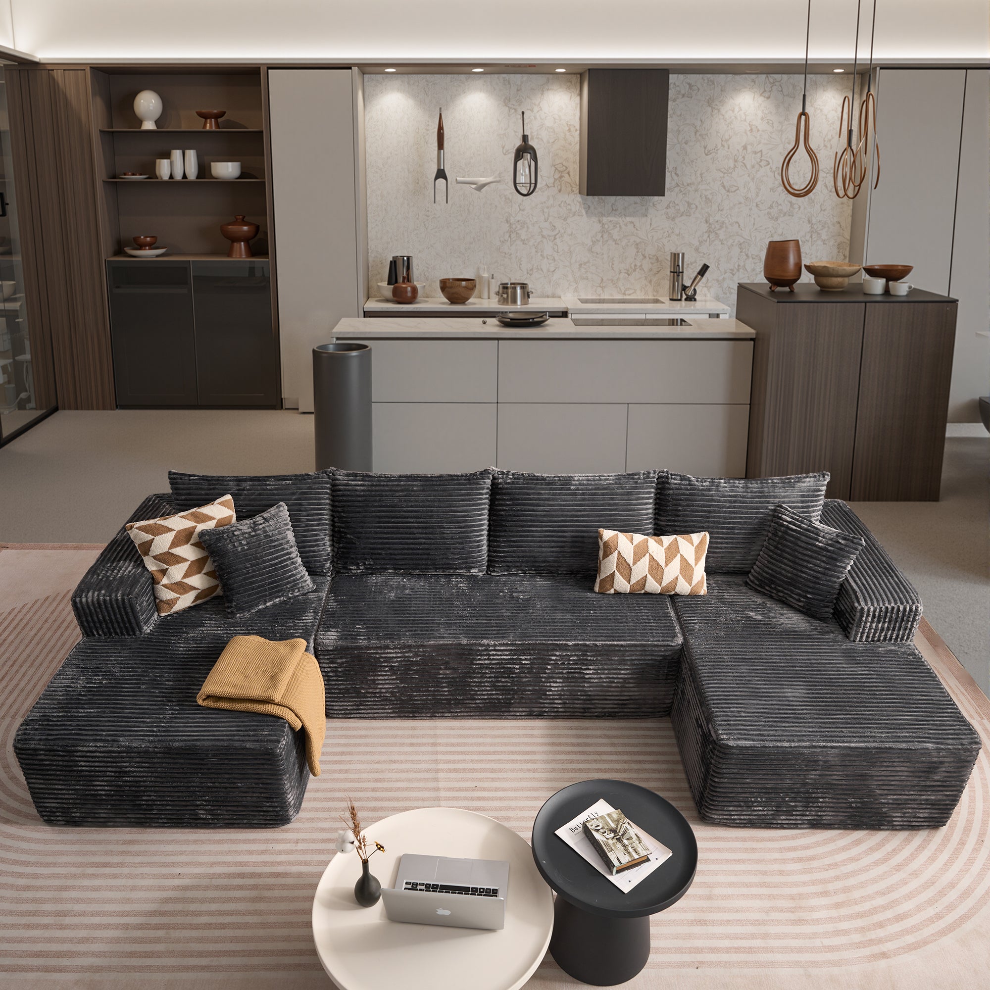 134in U-Shape Modular Couch | Plush Corduroy, No Assembly