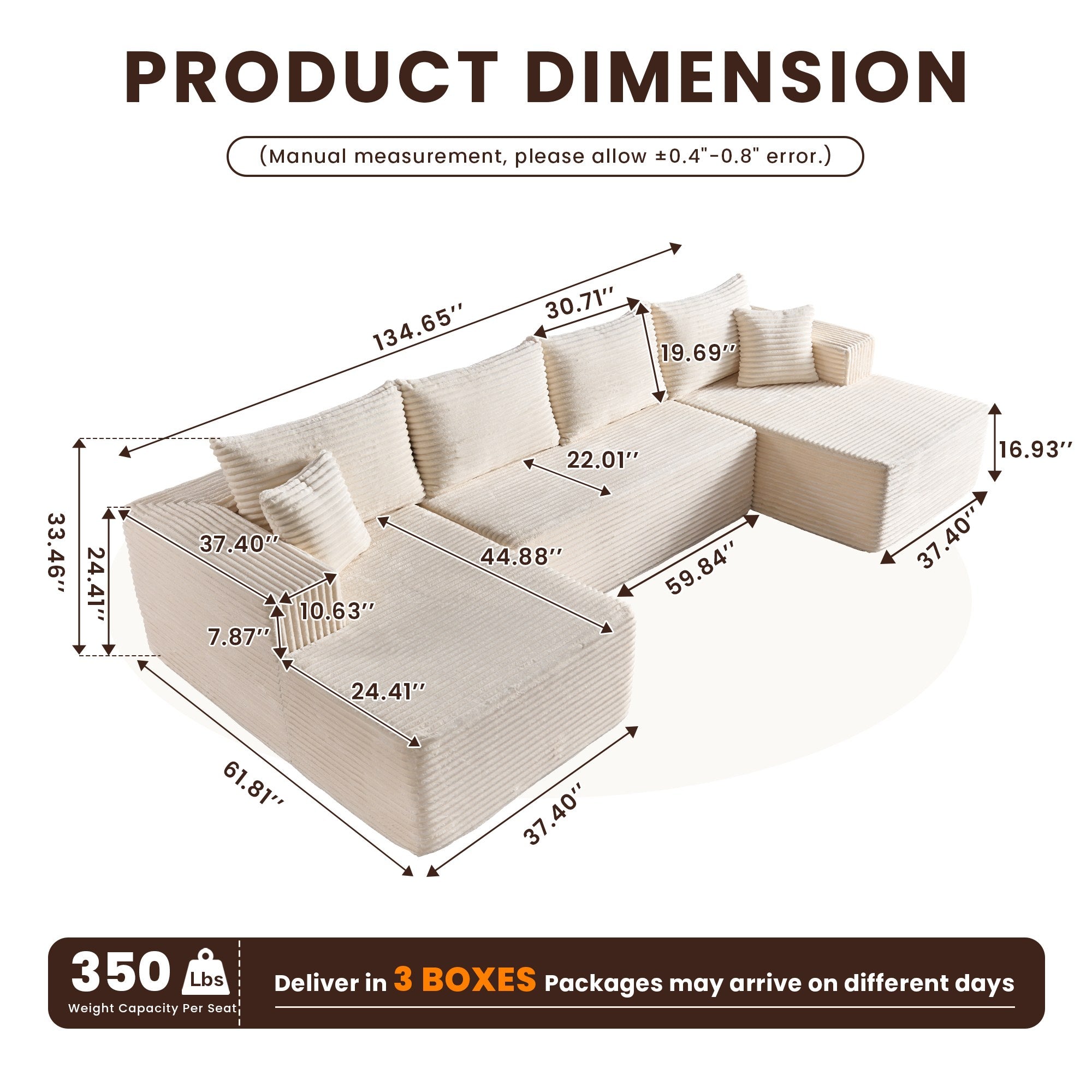 OVIOS 134" U-shape modular couch dimensions diagram: 134.65" L, 61.81" D, 350 lbs/seat, 3 boxes.White Corduroy C