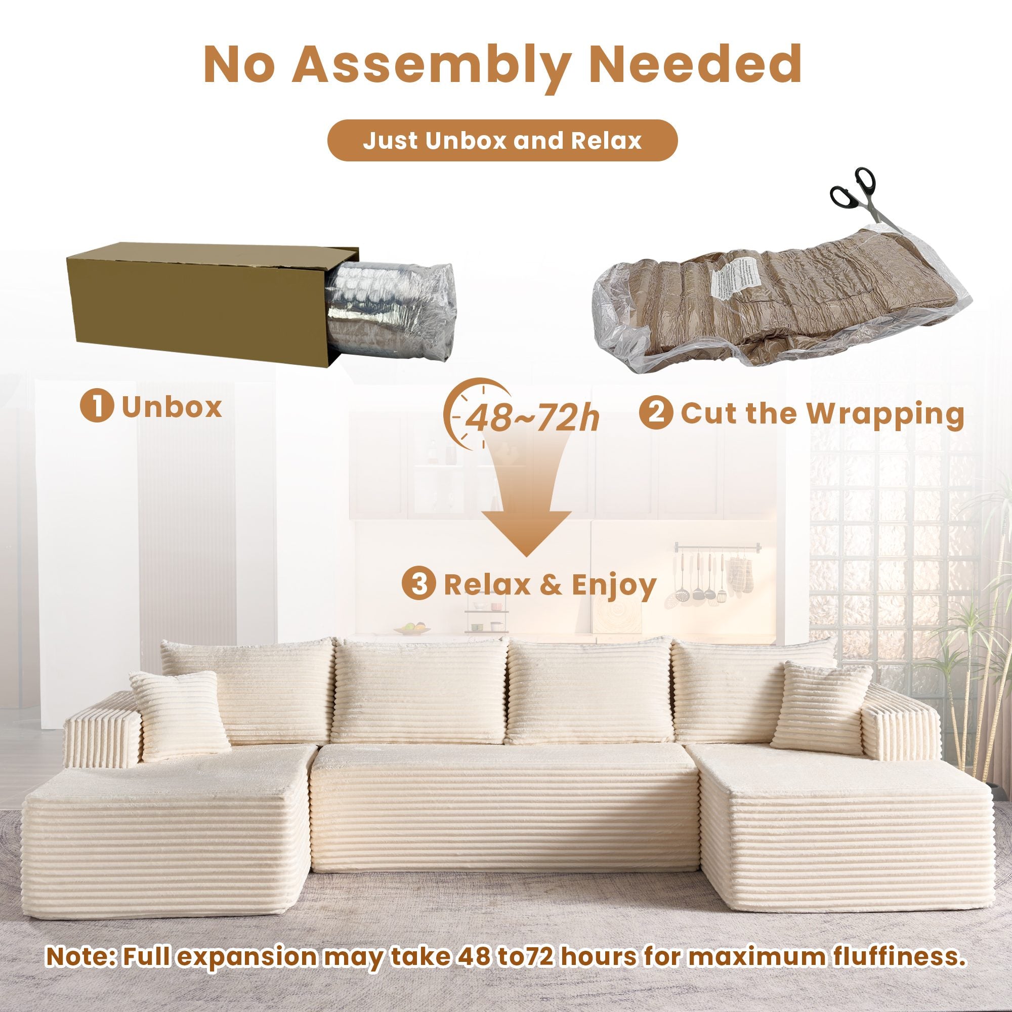 OVIOS cream plush corduroy U-shape modular couch unboxing & expansion guide. No assembly.White Corduroy C
