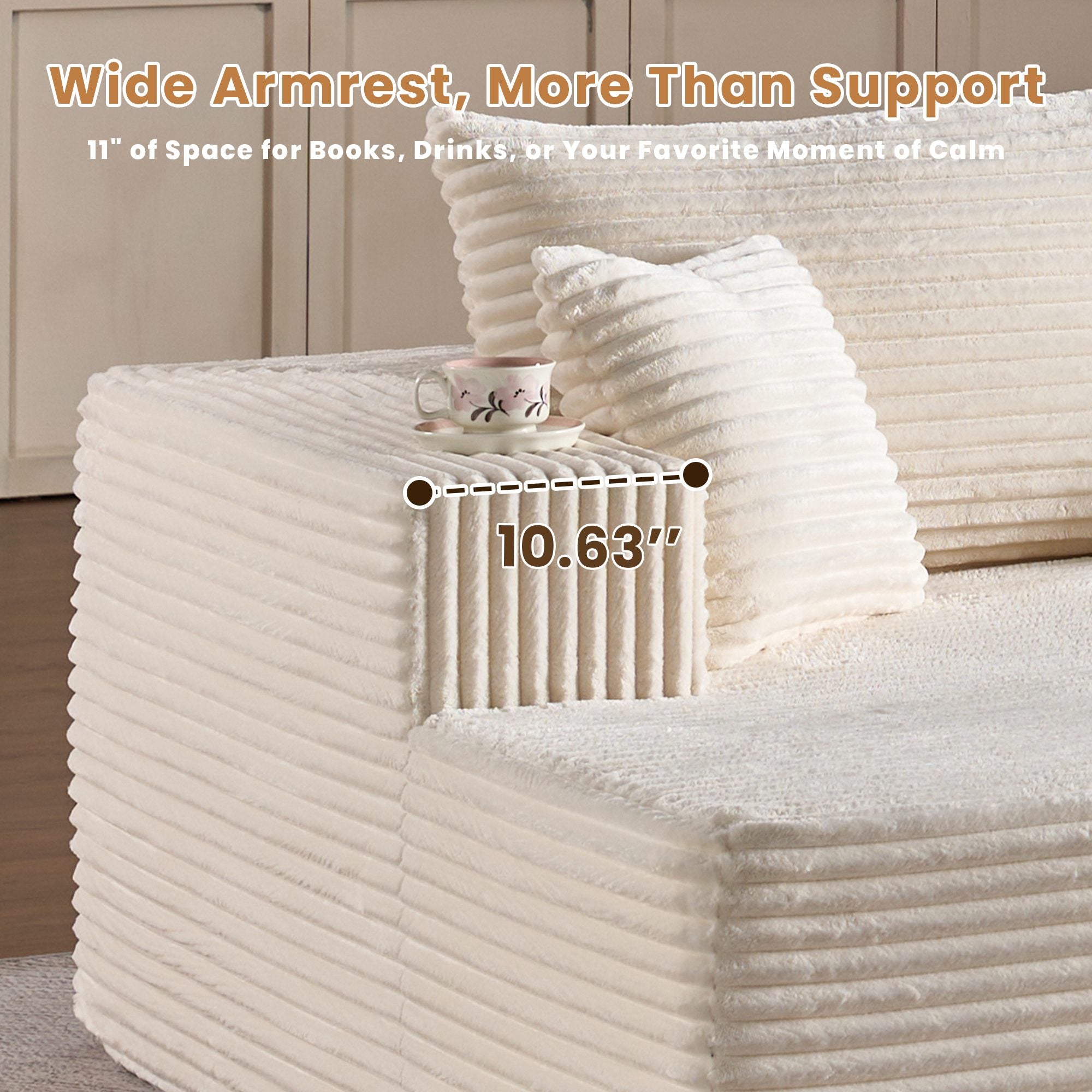 OVIOS modular couch: Wide plush corduroy armrest, 10.63 inch depth for drinks.White Corduroy C
