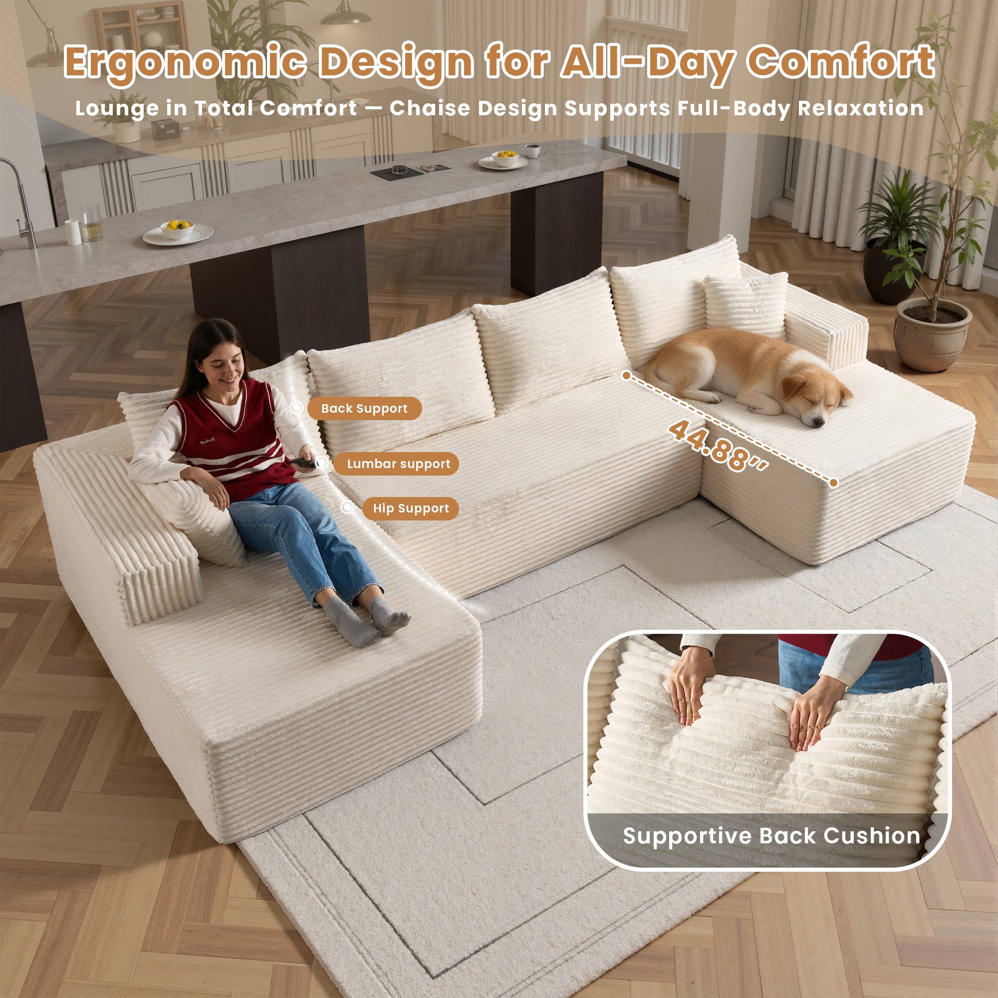 OVIOS cream plush corduroy U-shape modular couch with chaise, ergonomic design and supportive cushions.White Corduroy C