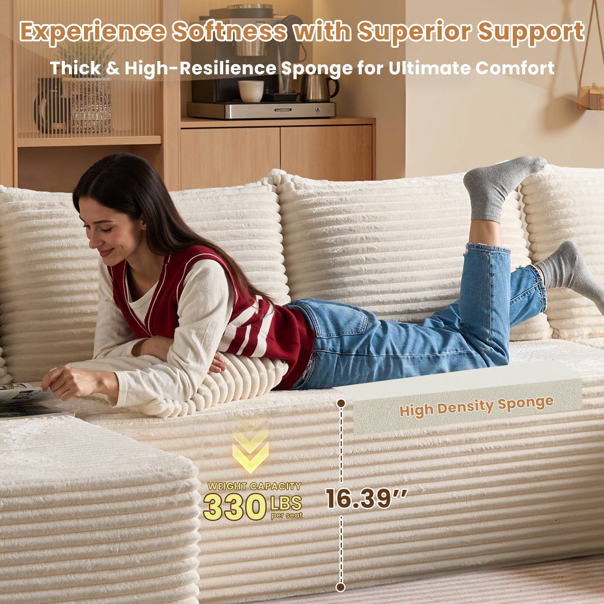 OVIOS cream plush corduroy modular couch with high-density sponge & 330 lbs capacity per seat.White Corduroy C