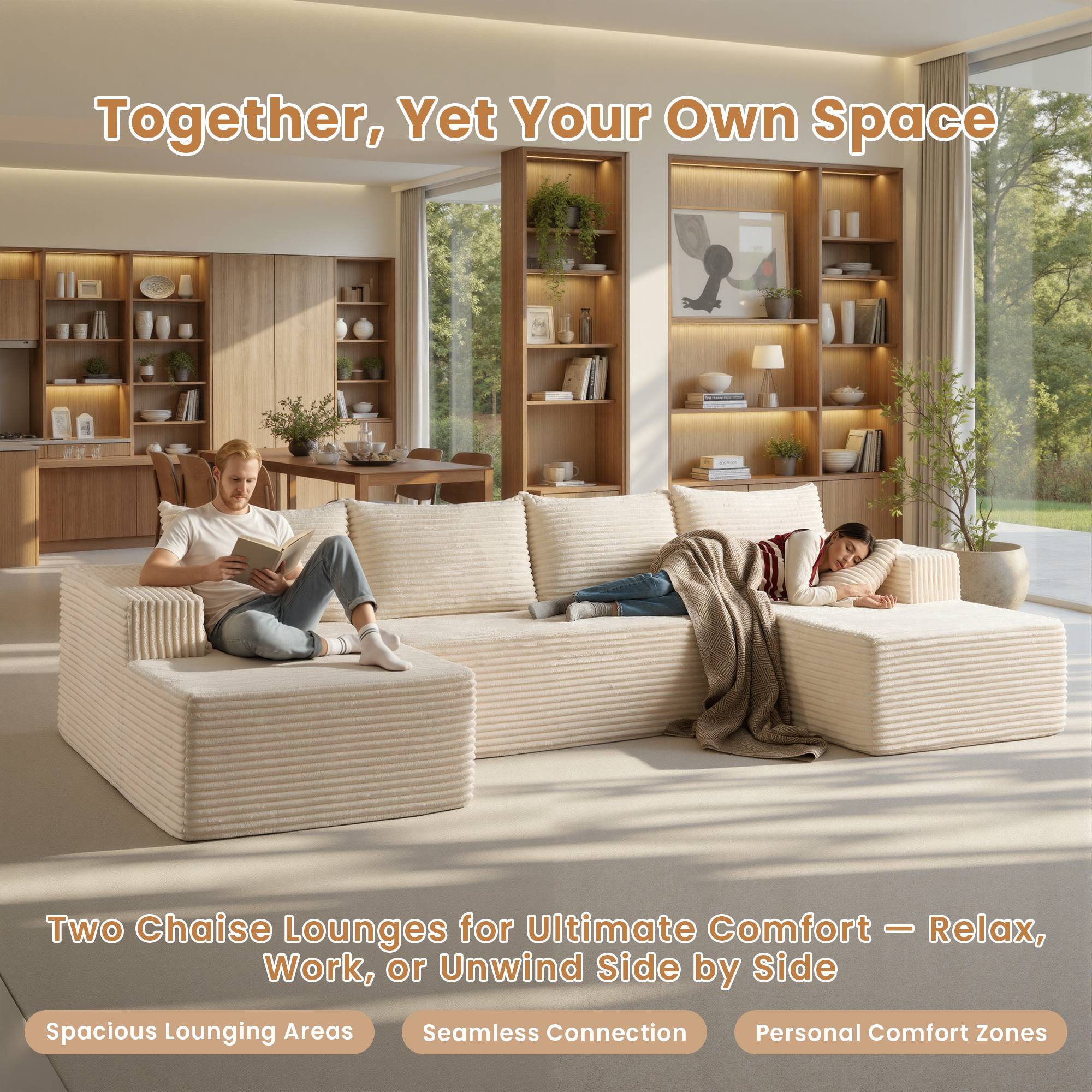 OVIOS cream plush corduroy modular U-shape couch with two chaises, people relaxing.White Corduroy C