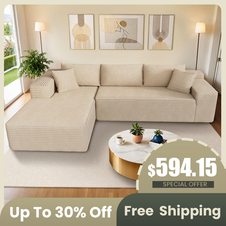Ovios 104" L-Shape Modular Couch with Chaise, Plush Corduroy Fabric, No Assembly Required