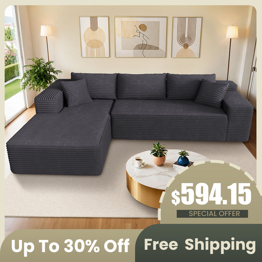 Ovios 104" L-Shape Modular Couch with Chaise, Plush Corduroy Fabric, No Assembly Required