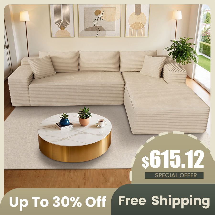Ovios 104" L-Shape Modular Couch with Chaise, Plush Corduroy Fabric, No Assembly Required