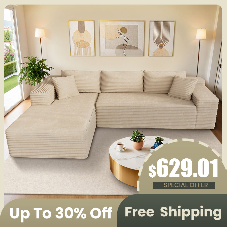 Ovios 104" L-Shape Modular Couch with Chaise, Plush Corduroy Fabric, No Assembly Required