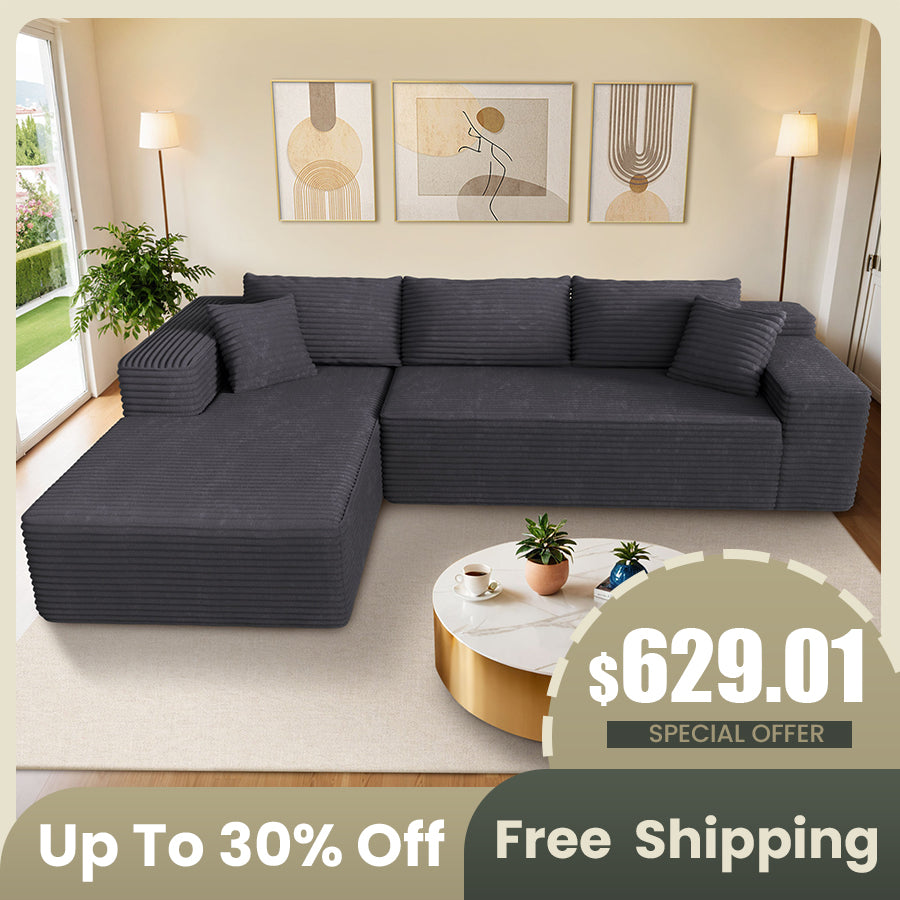 Ovios 104" L-Shape Modular Couch with Chaise, Plush Corduroy Fabric, No Assembly Required
