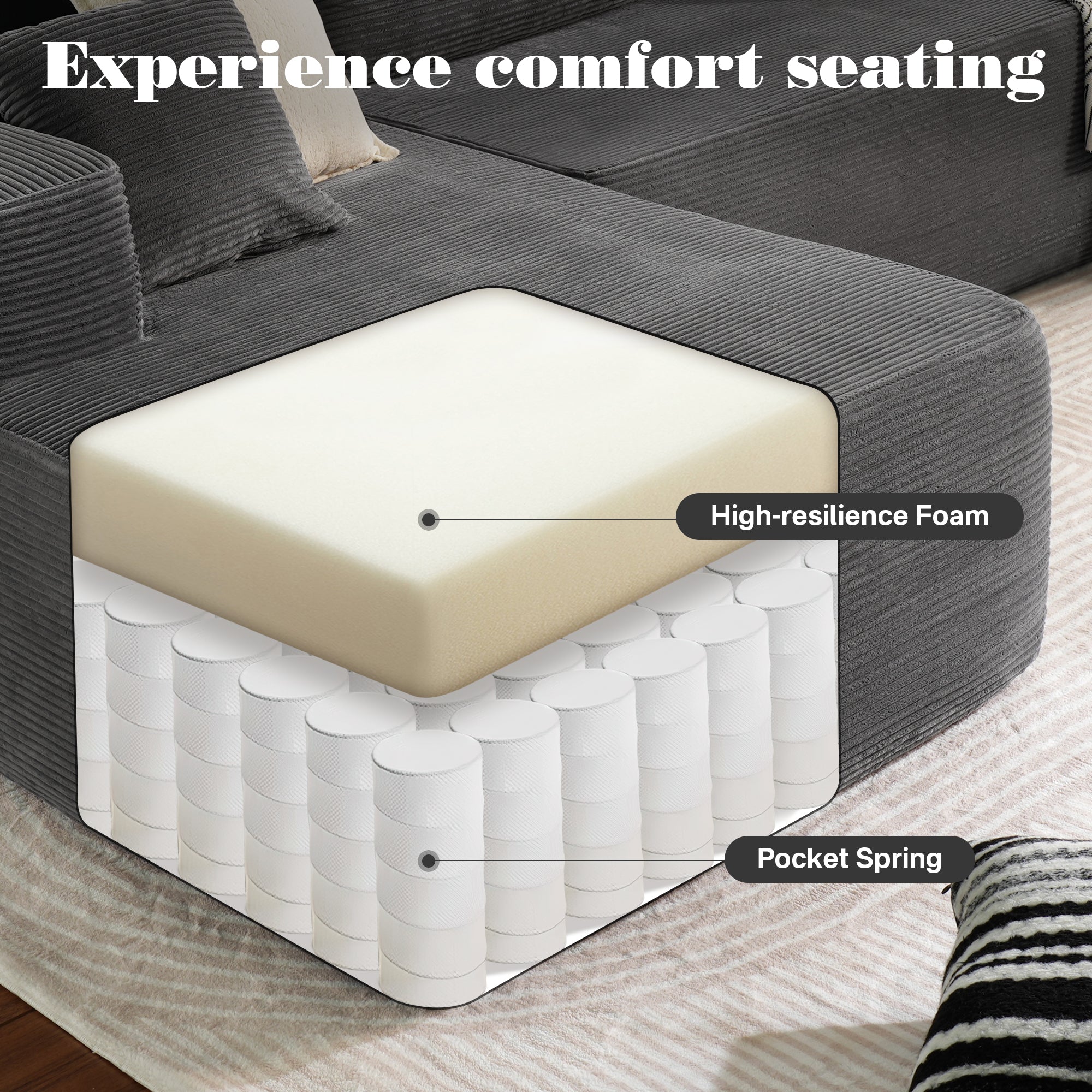 OVIOS 104" L-Shape Modular Couch with Chaise,Corduroy Fabric,No Assembly Required