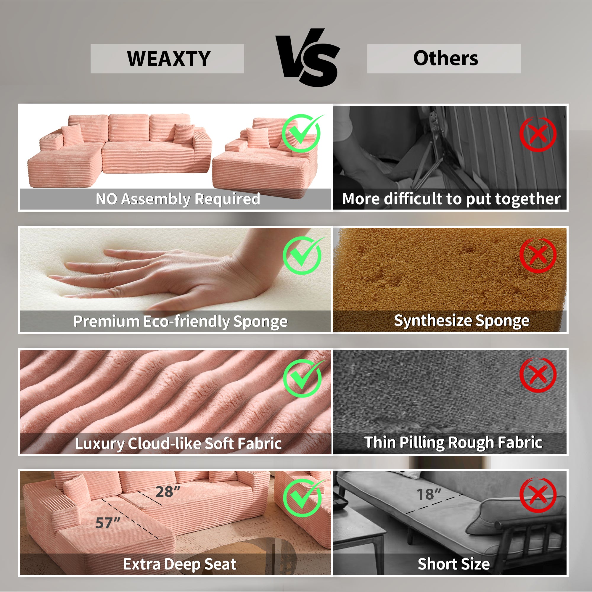 OVIOS Cloud Sectional Couch with Comfy Chaise