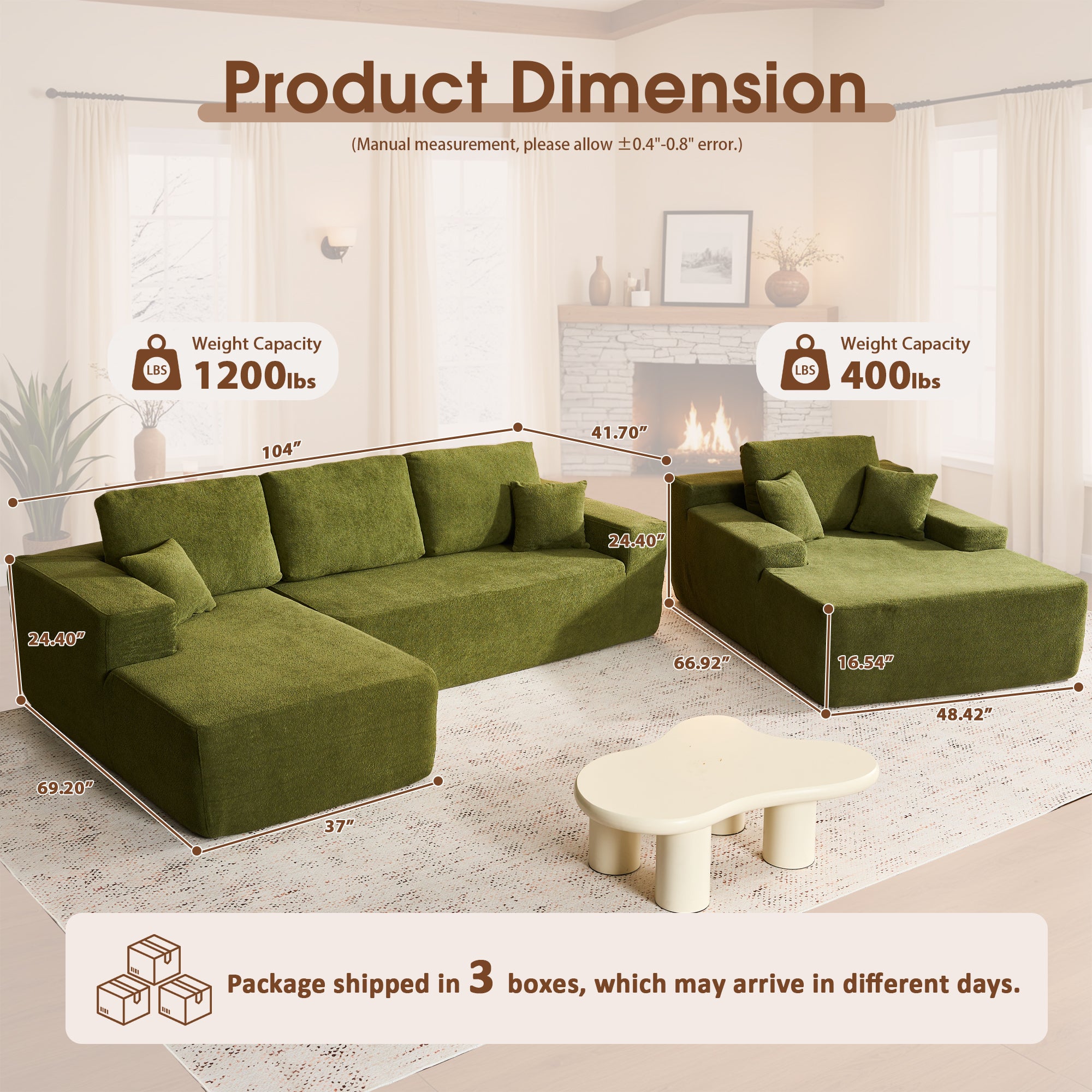 OVIOS Cloud Sectional Couch with Comfy Chaise
