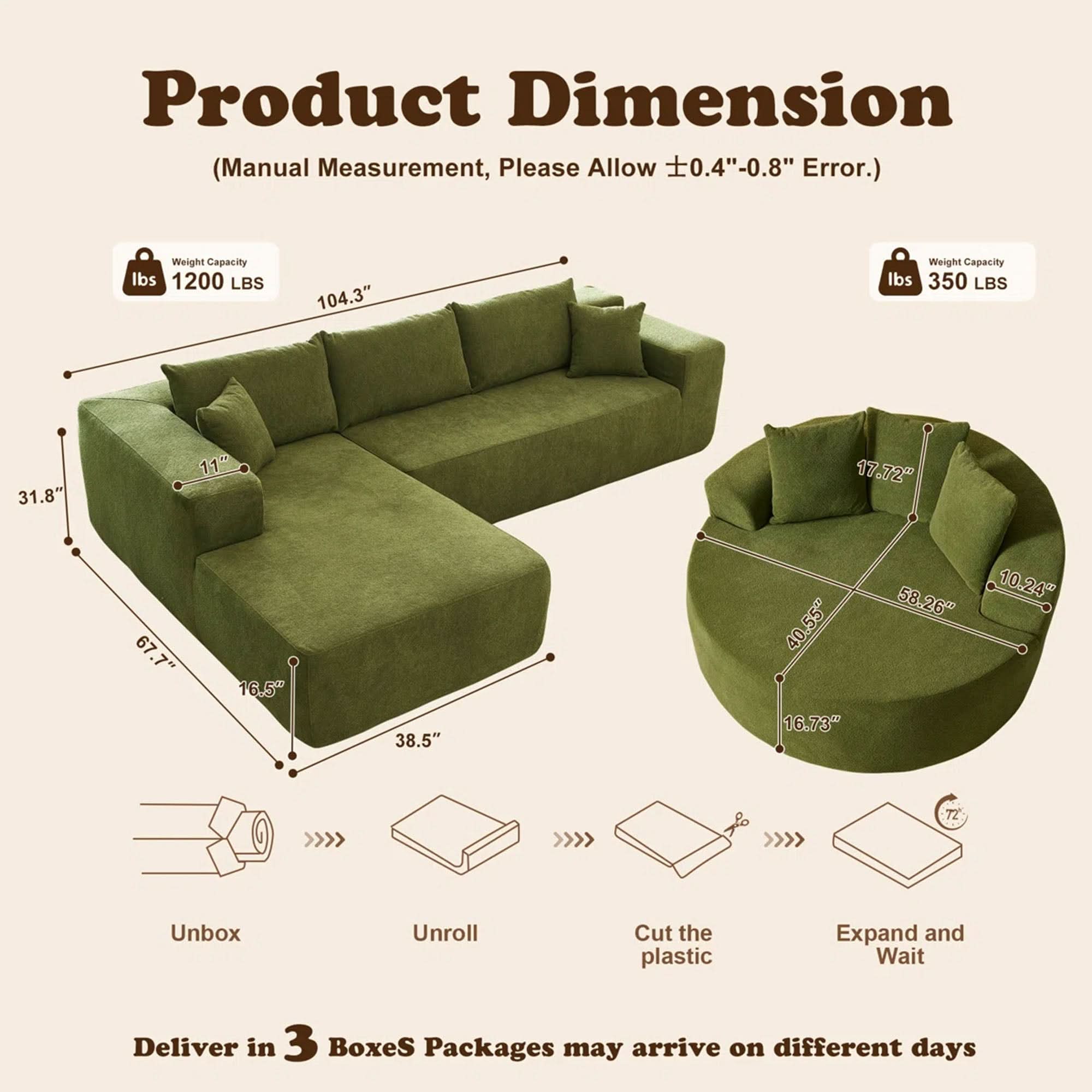 OVIOS Modern 3-Piece Sectional Sofa Set With Loveseat & Chaise Lounge, No-Assembly Design