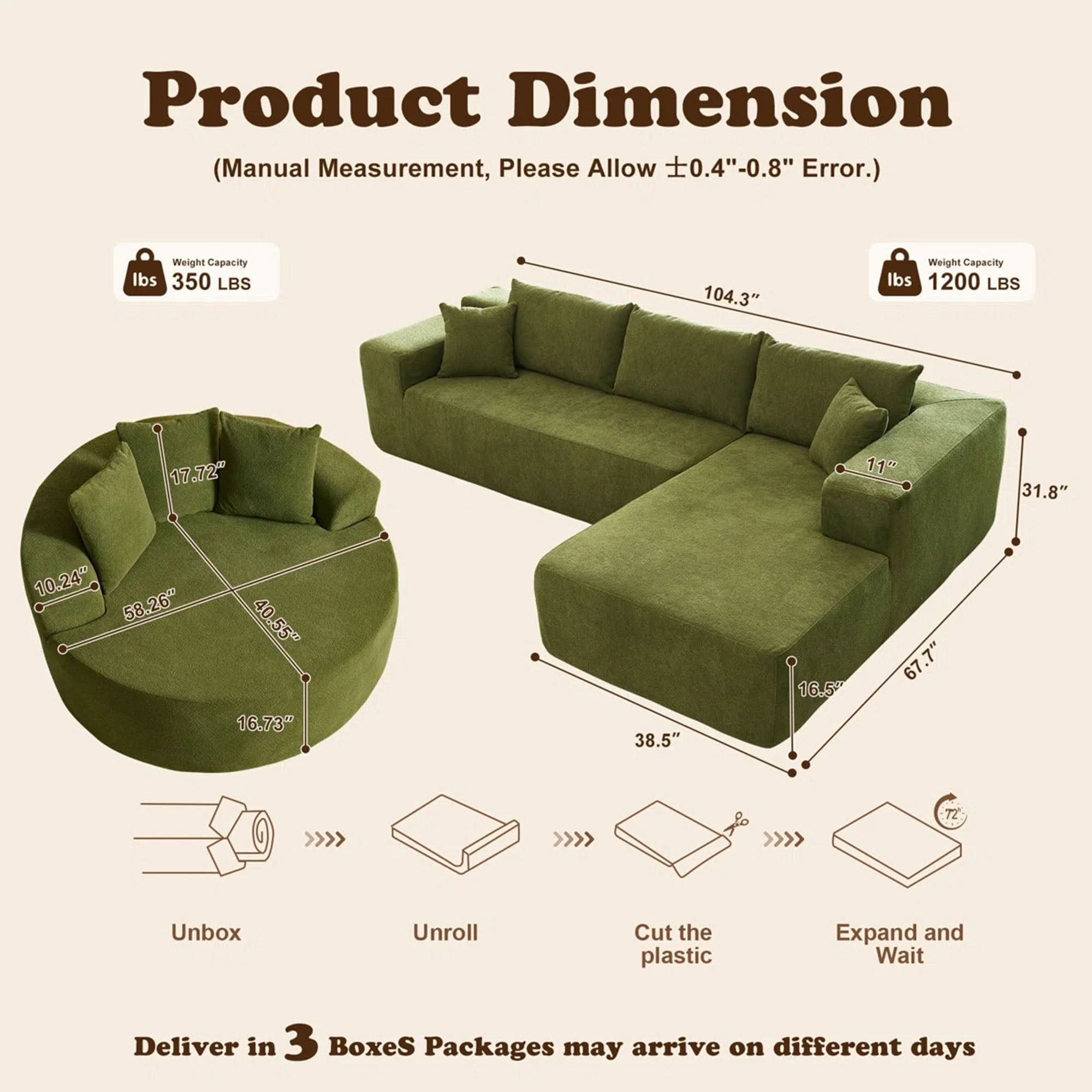 OVIOS Modern 3-Piece Sectional Sofa Set With Loveseat & Chaise Lounge, No-Assembly Design