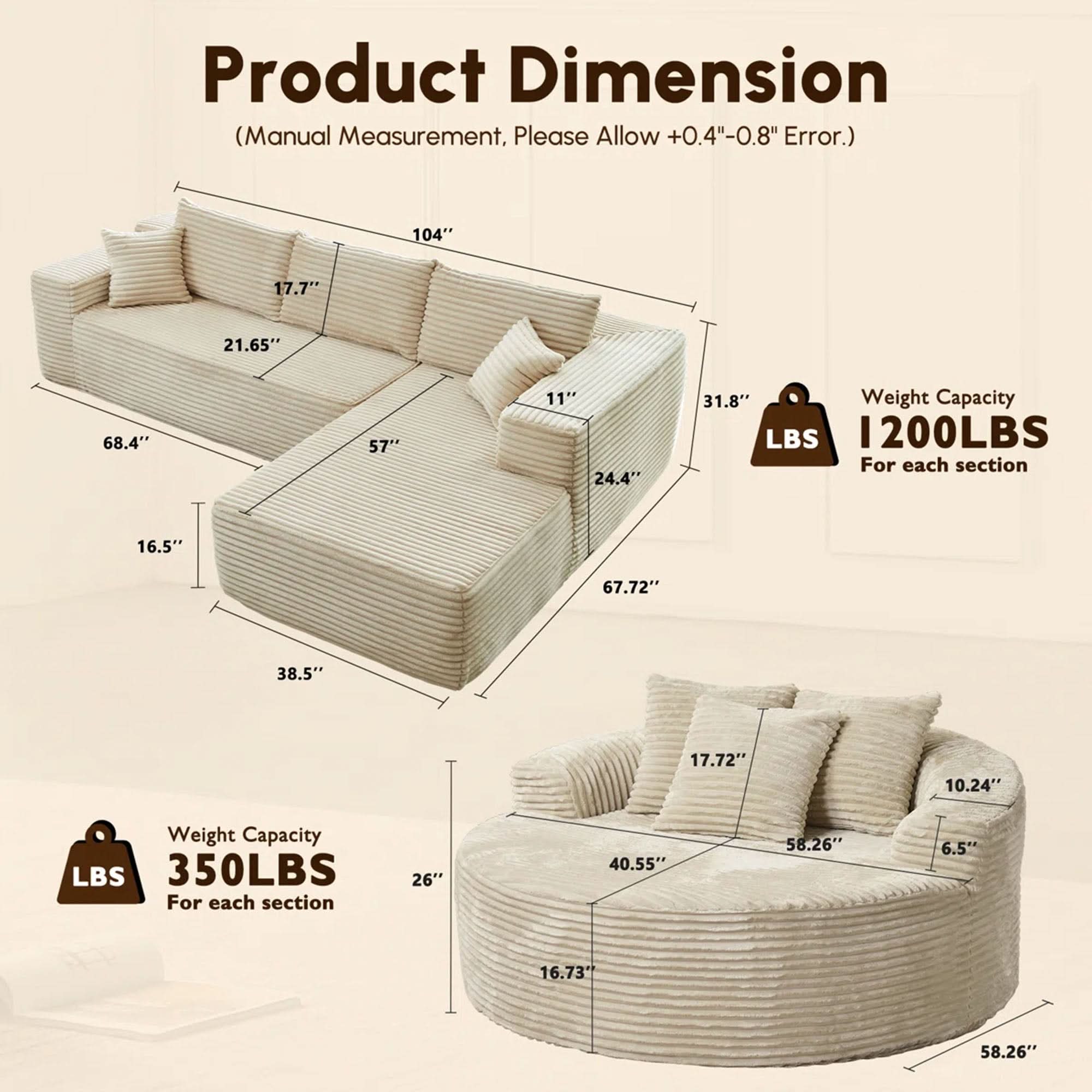 OVIOS Modern 3-Piece Sectional Sofa Set With Loveseat & Chaise Lounge, No-Assembly Design