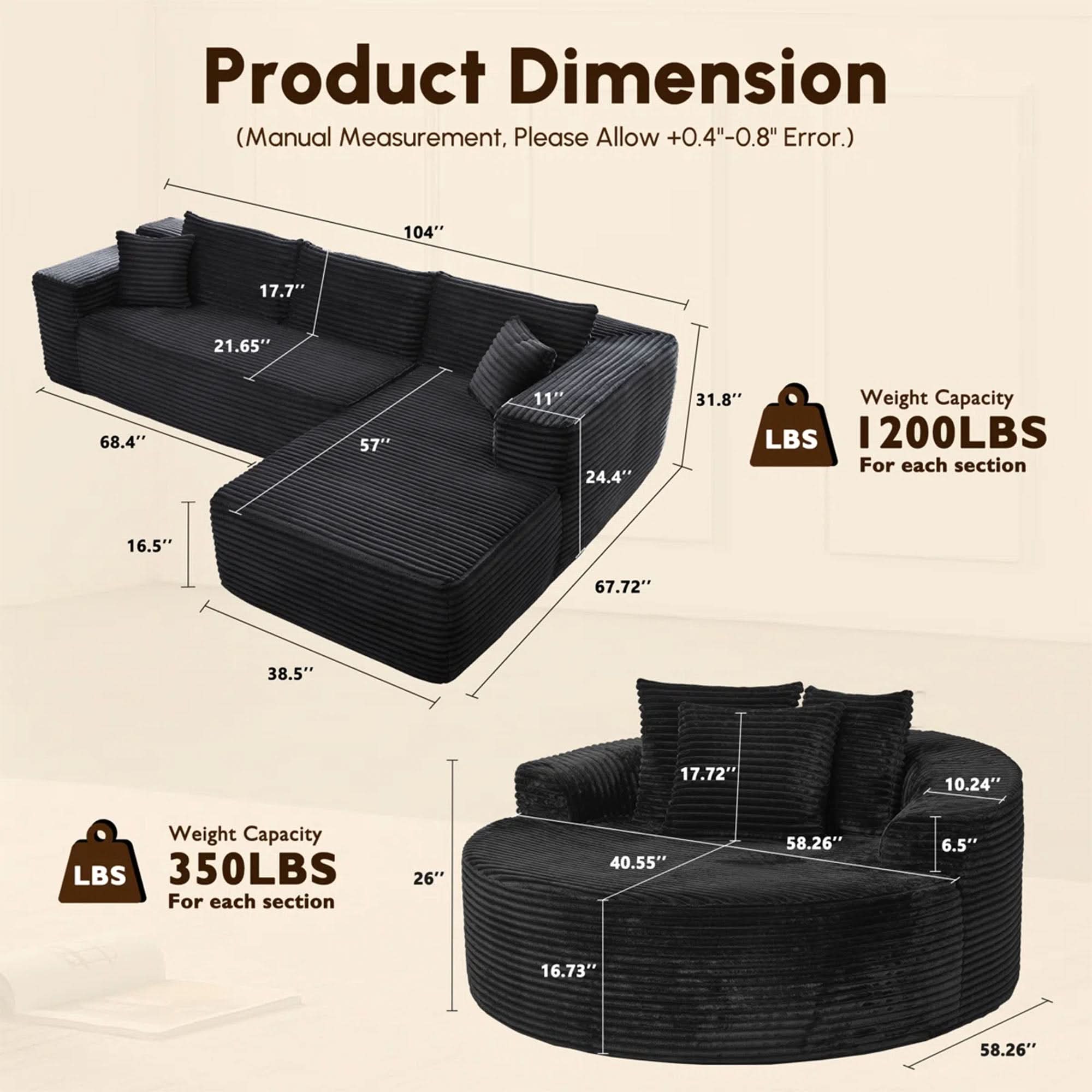 OVIOS Modern 3-Piece Sectional Sofa Set With Loveseat & Chaise Lounge, No-Assembly Design