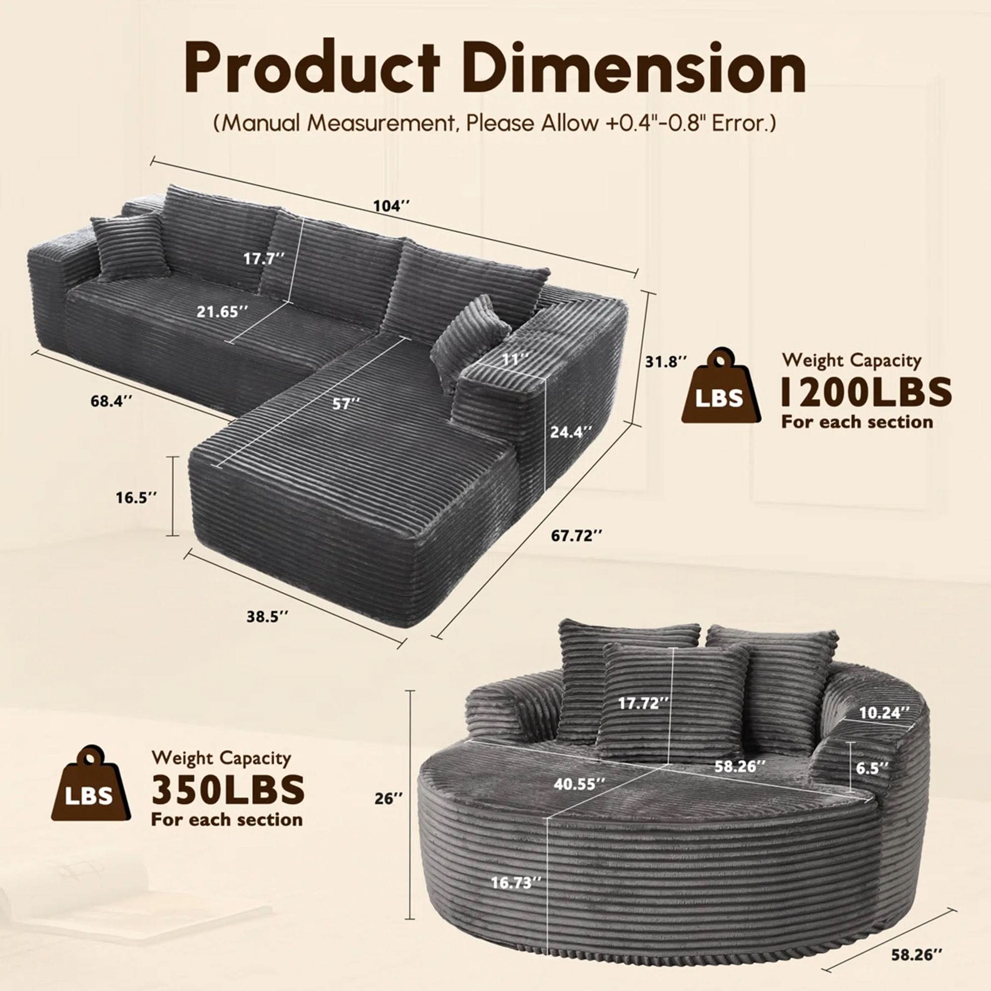 OVIOS Modern 3-Piece Sectional Sofa Set With Loveseat & Chaise Lounge, No-Assembly Design